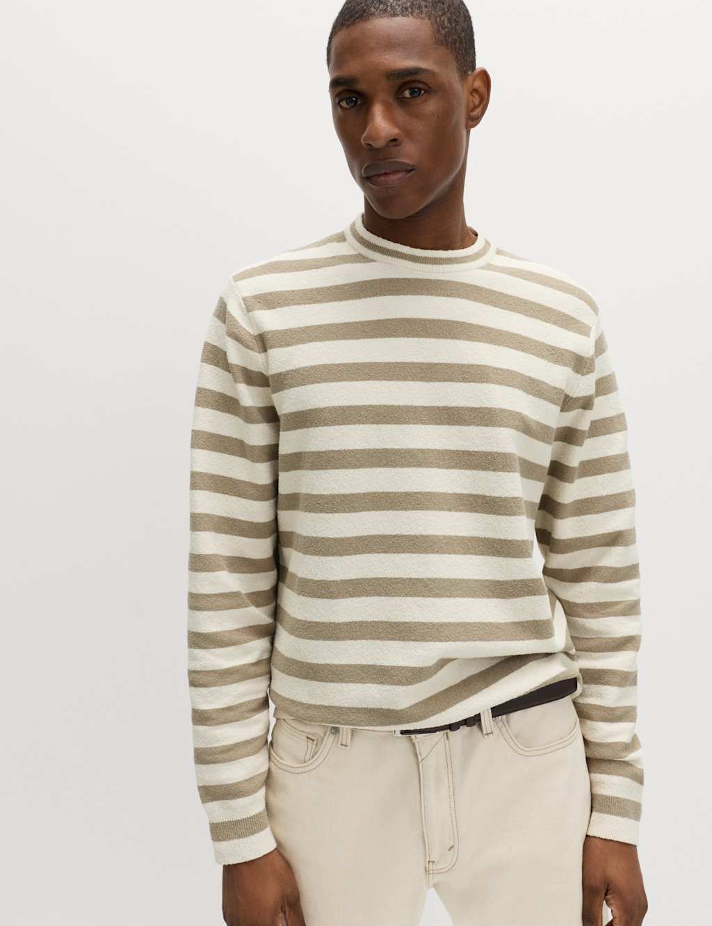 M&S Men's Cotton Rich Boucle Striped Crew Neck Jumper - S - Ecru Mix