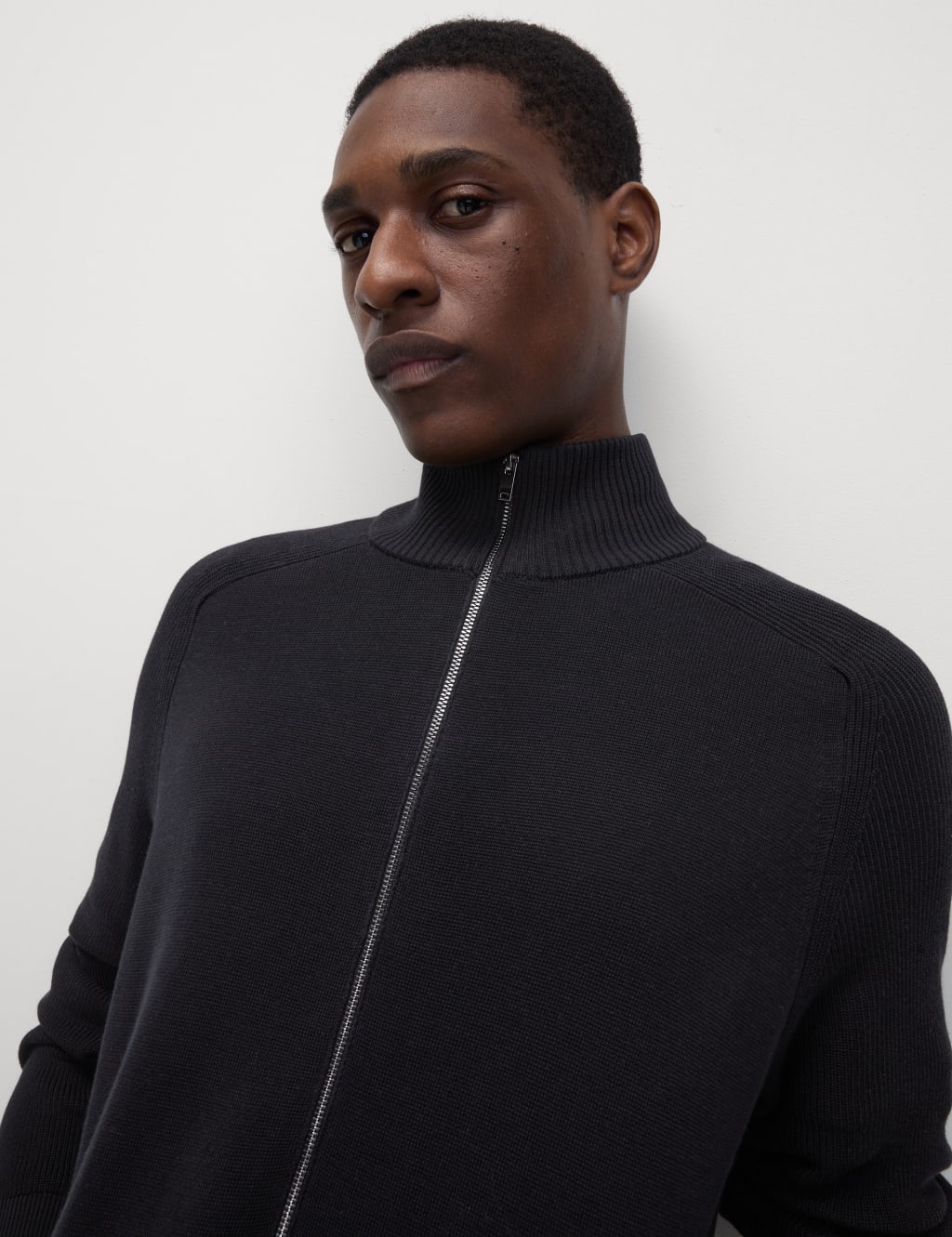 Cotton Rich Milano-Knit Funnel Neck Knitted Jacket