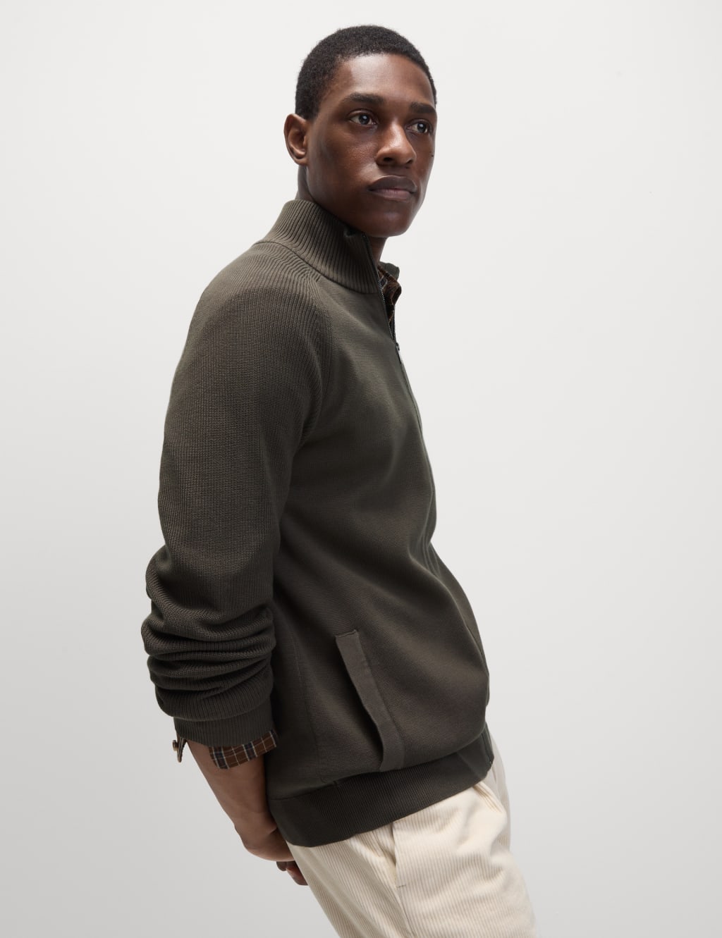 Cotton Rich Milano-Knit Funnel Neck Knitted Jacket