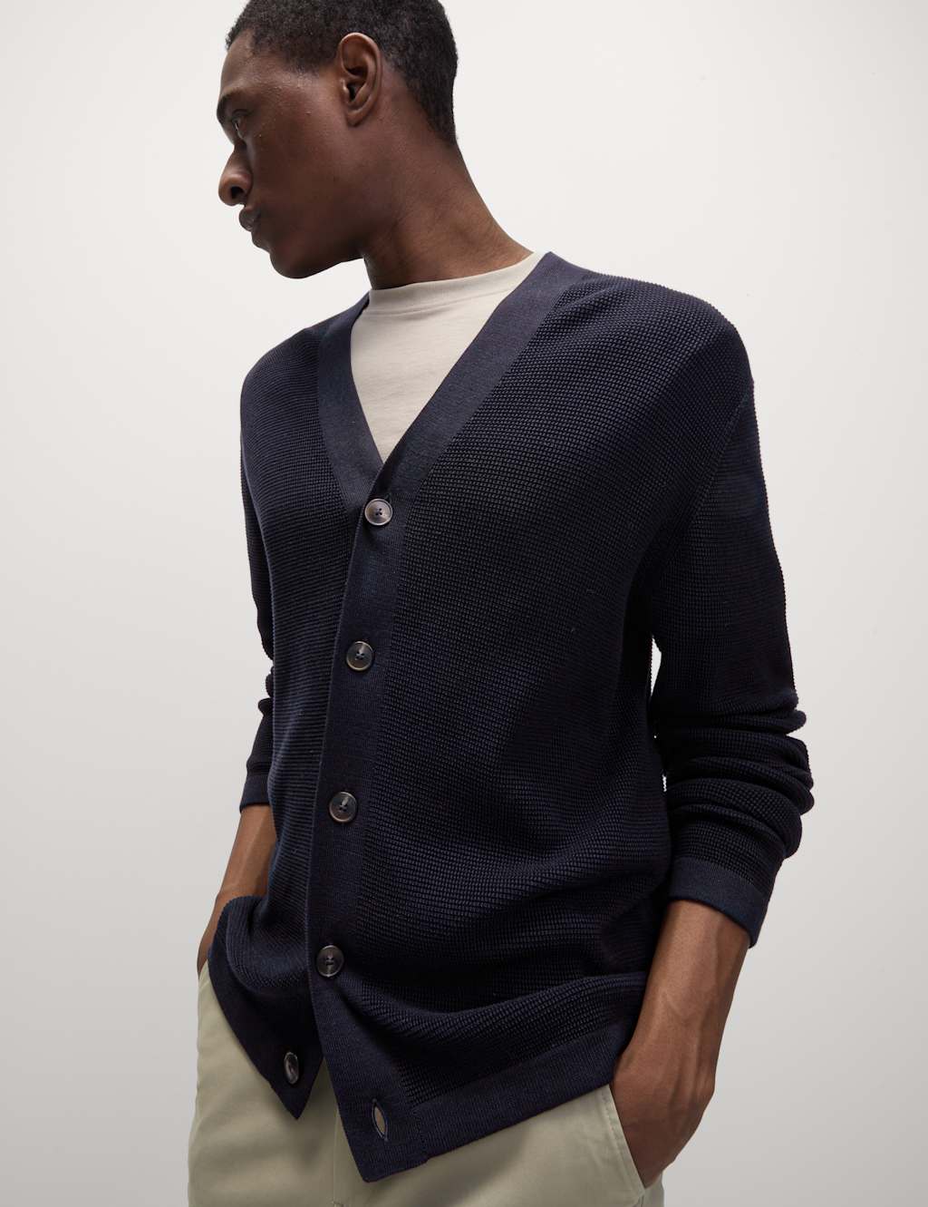 Cotton Modal Blend Textured V-Neck Cardigan