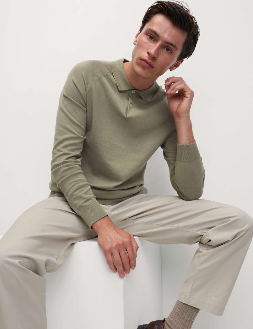 M&S Cotton Rich Knitted Polo Shirt Thyme