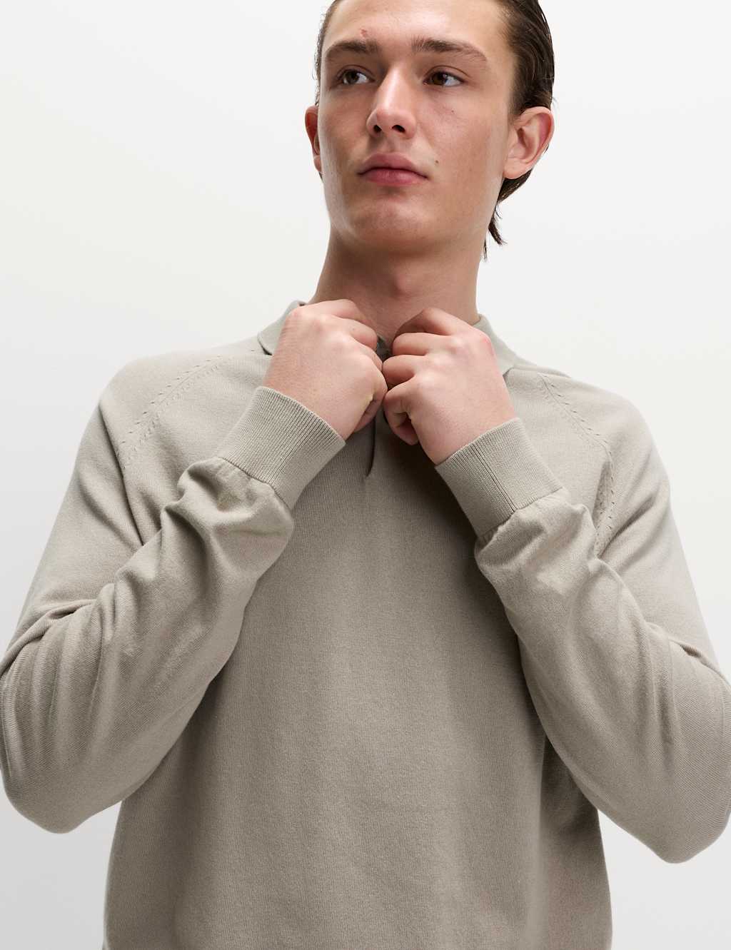 M&S Cotton Rich Knitted Polo Shirt Putty