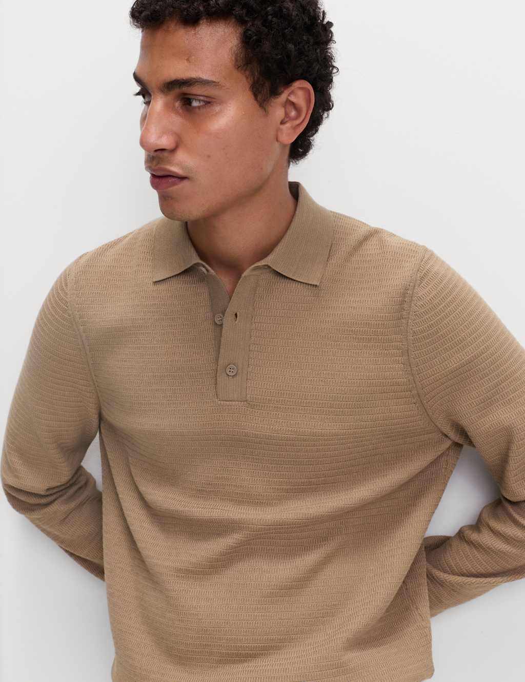 M&S Cotton Rich Textured Knitted Polo Shirt Neutral Brown