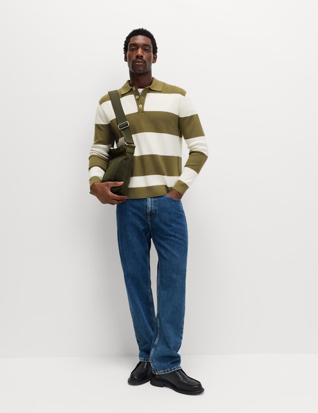 M&S Men's Cotton Blend Striped Rugby Shirt - L - Olive Mix