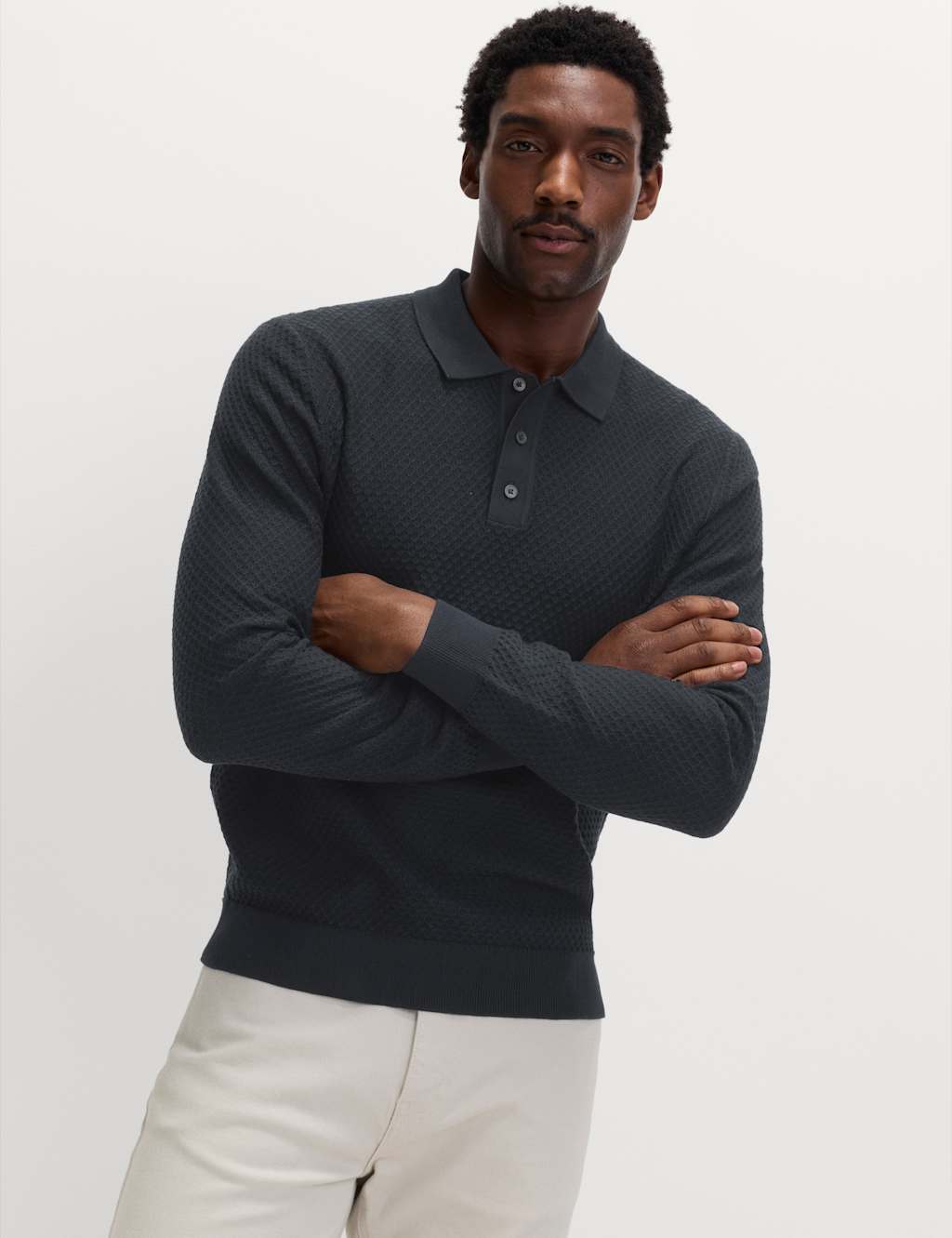 M&S Men's Cotton Modal Textured Polo Shirt - S - Navy