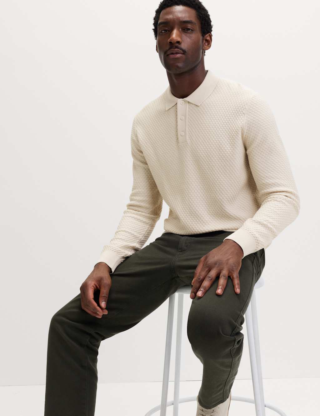 M&S Men's Cotton Modal Textured Polo Shirt - M - Neutral
