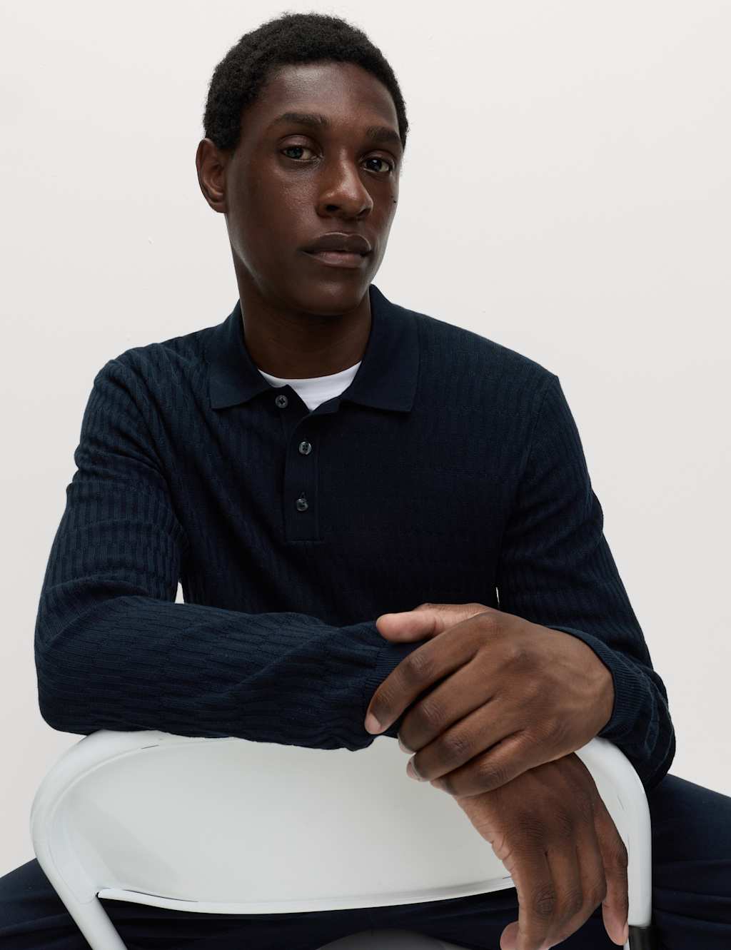 M&S Cotton Modal Geometric Knitted Polo Dark Navy