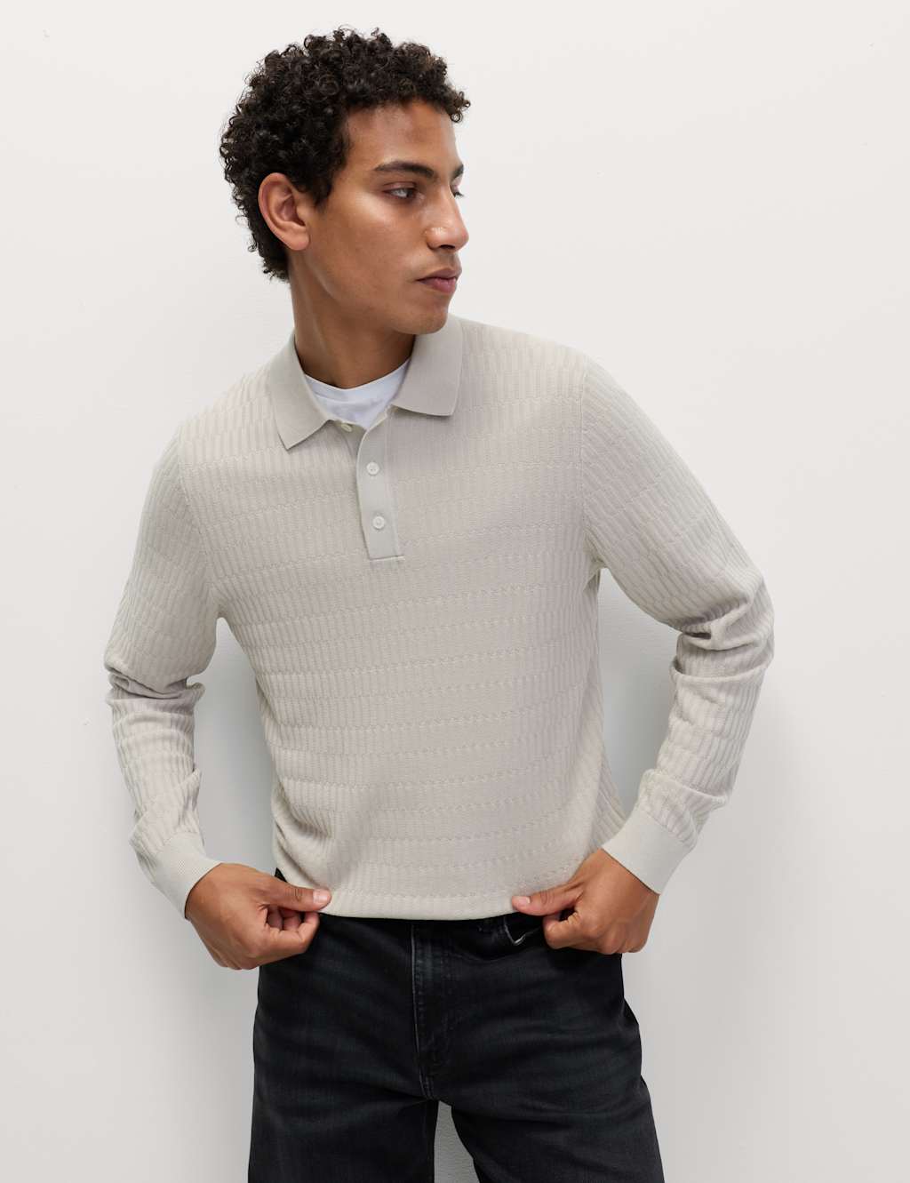 M&S Cotton Modal Geometric Knitted Polo Light Putty