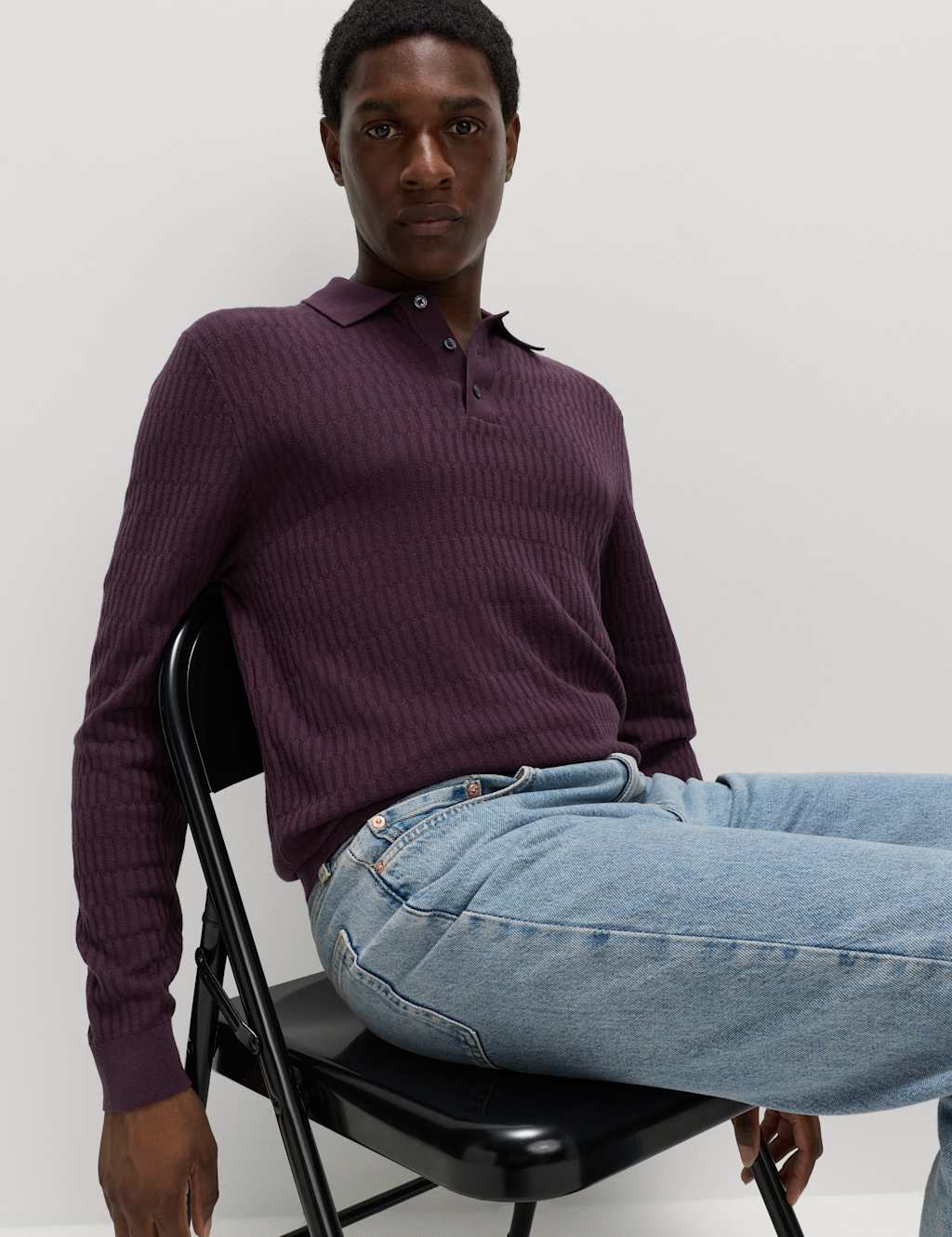 M&S Cotton Modal Geometric Knitted Polo Dark Grape