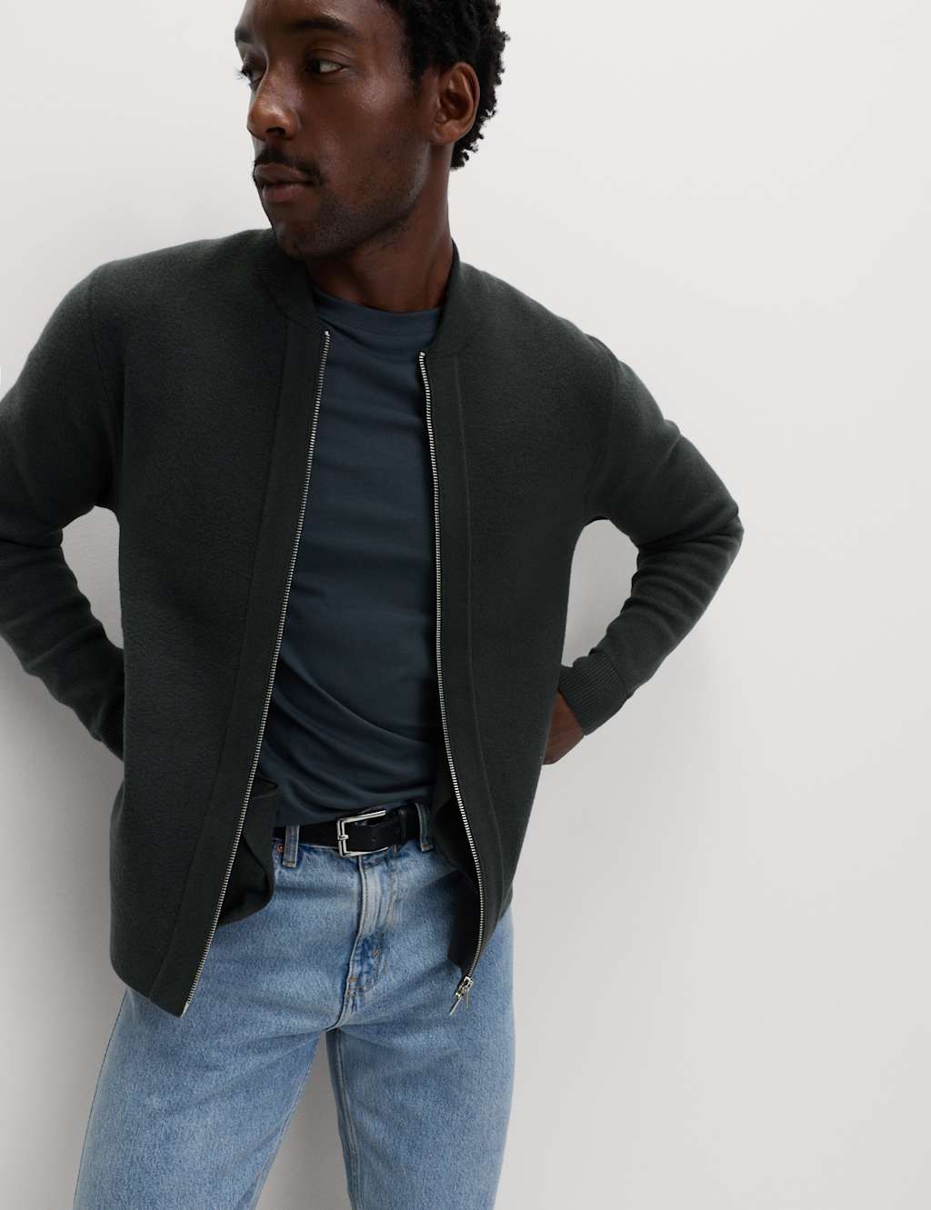 M&S Air-Yarn Smart Crew Neck Knitted Bomber Jacket Dark Pewter