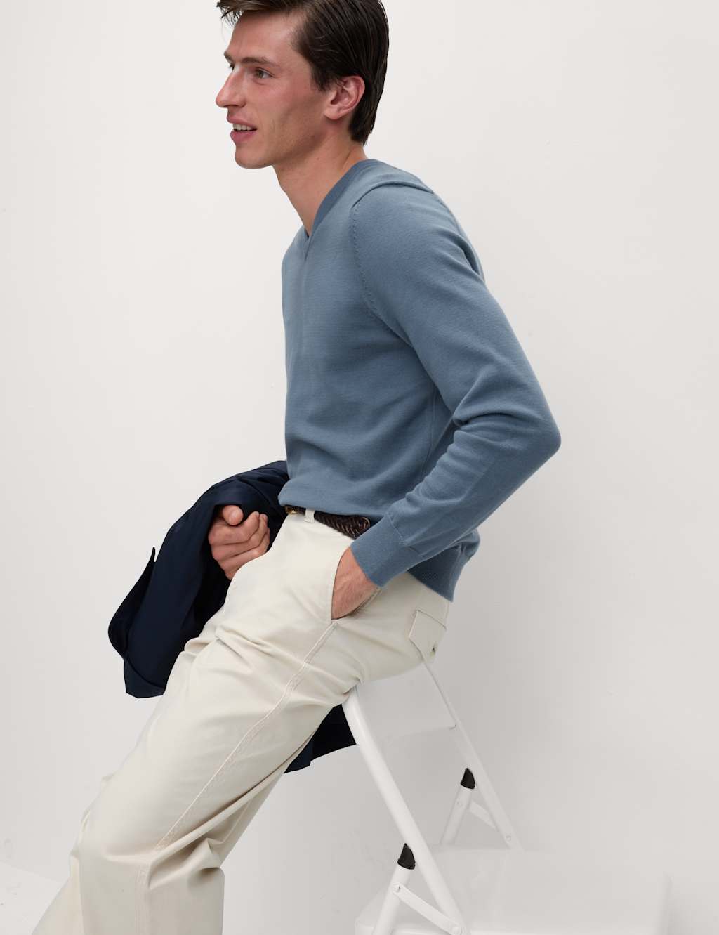 M&S Pure Cotton V-Neck Knitted Jumper Medium Blue