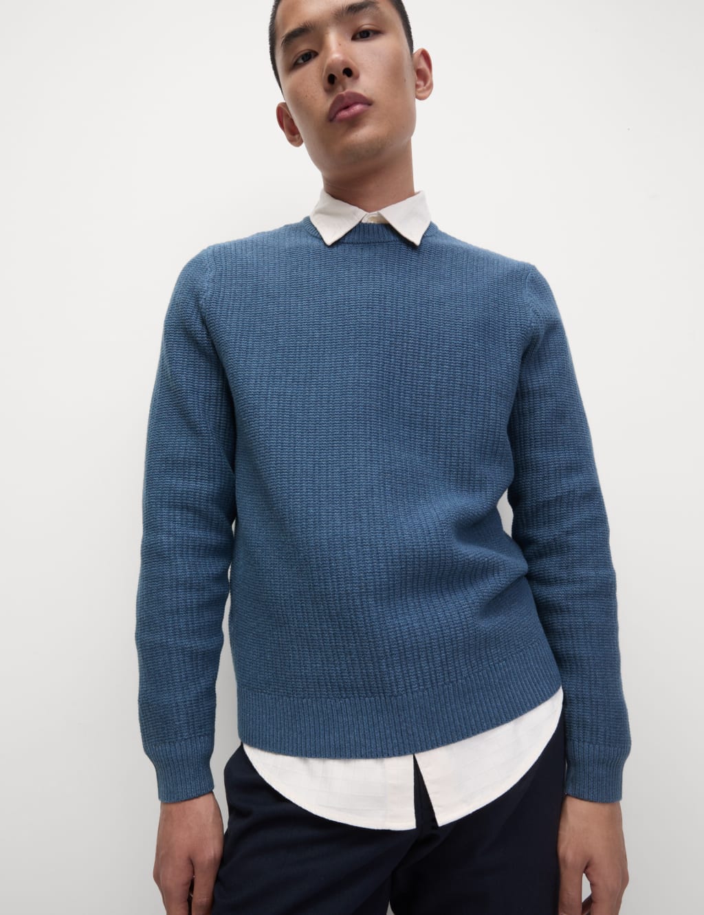 Cotton Blend Textured Crew Neck Jumper