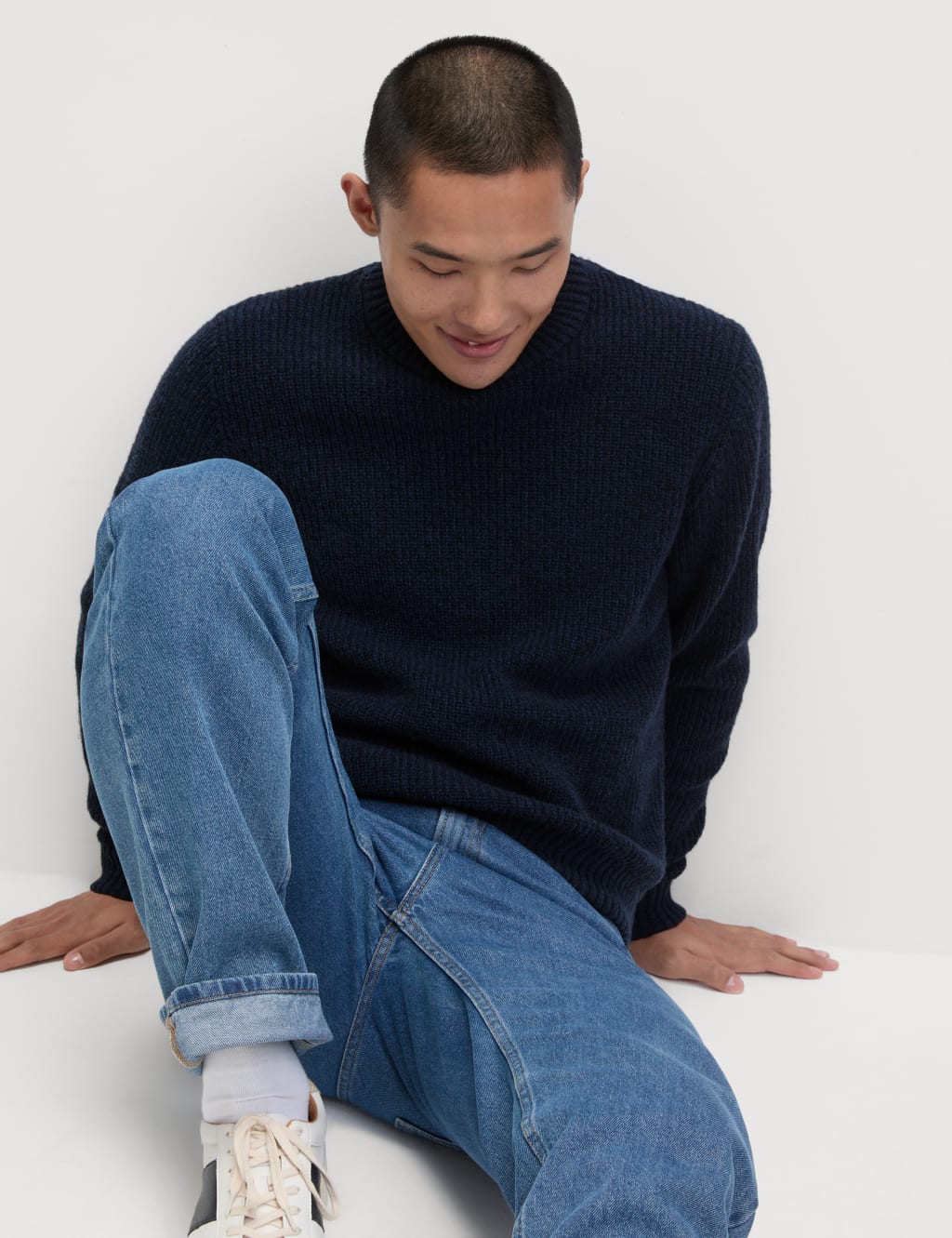 Cotton Blend Textured Crew Neck Jumper