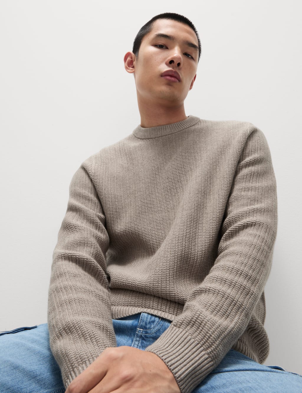 Cotton Blend Textured Crew Neck Jumper