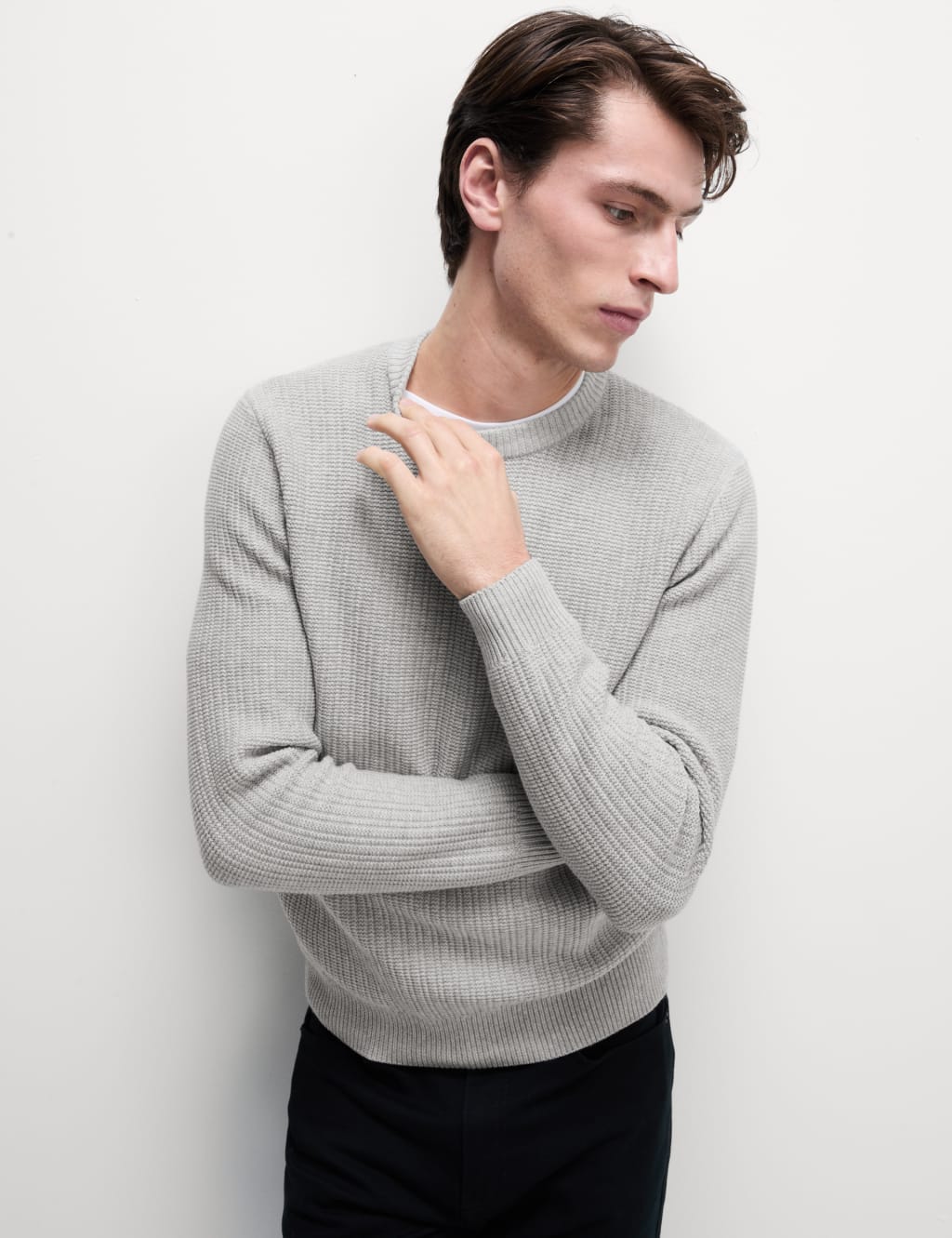 Cotton Blend Textured Crew Neck Jumper