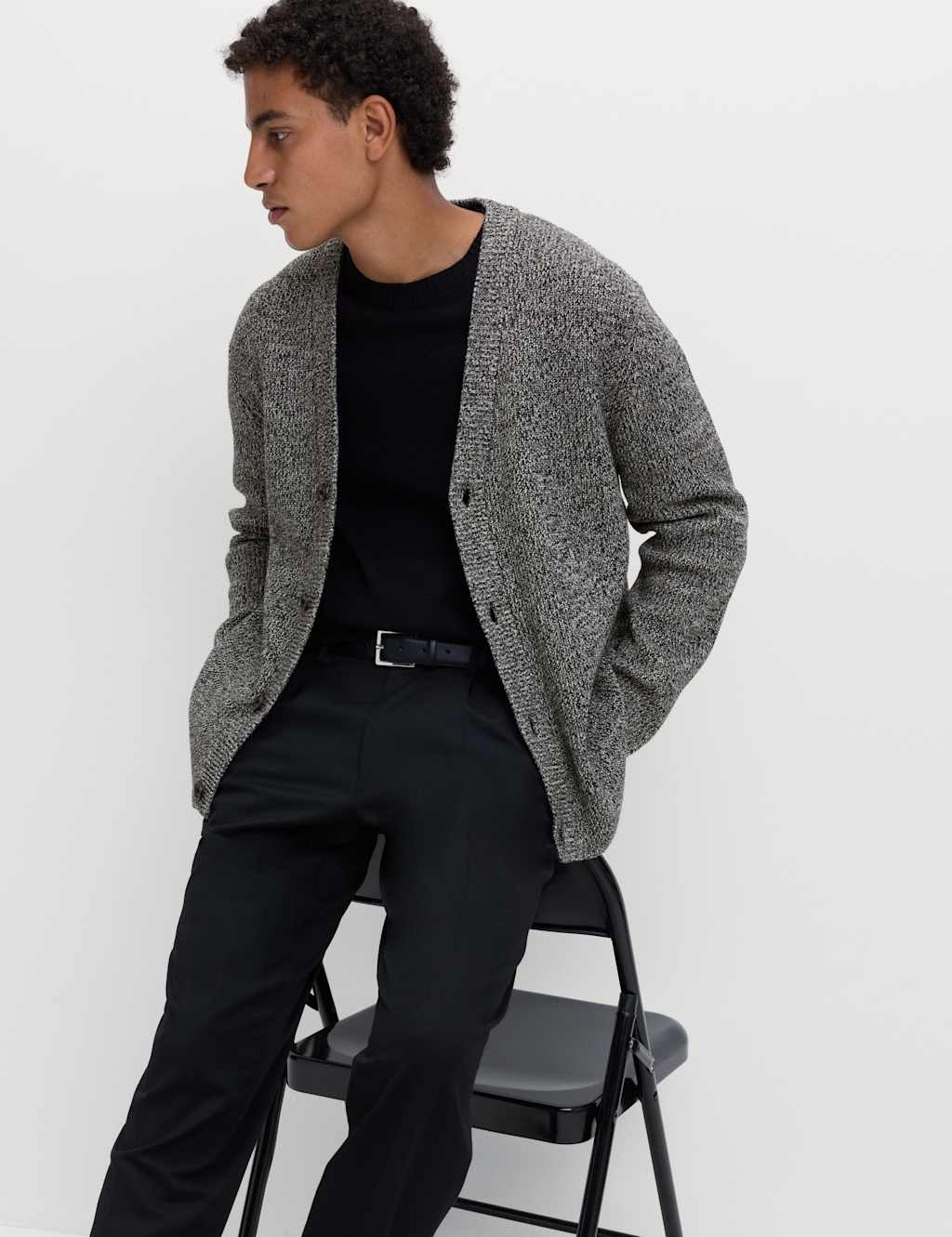 M&S V-Neck Twisted Yarn Cardigan Black Mix