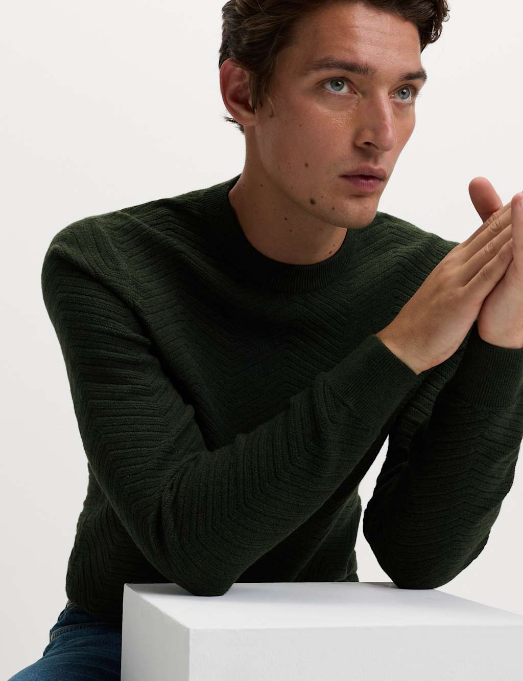 M&S Cotton Blend Herringbone Crew neck Jumper Dark Khaki