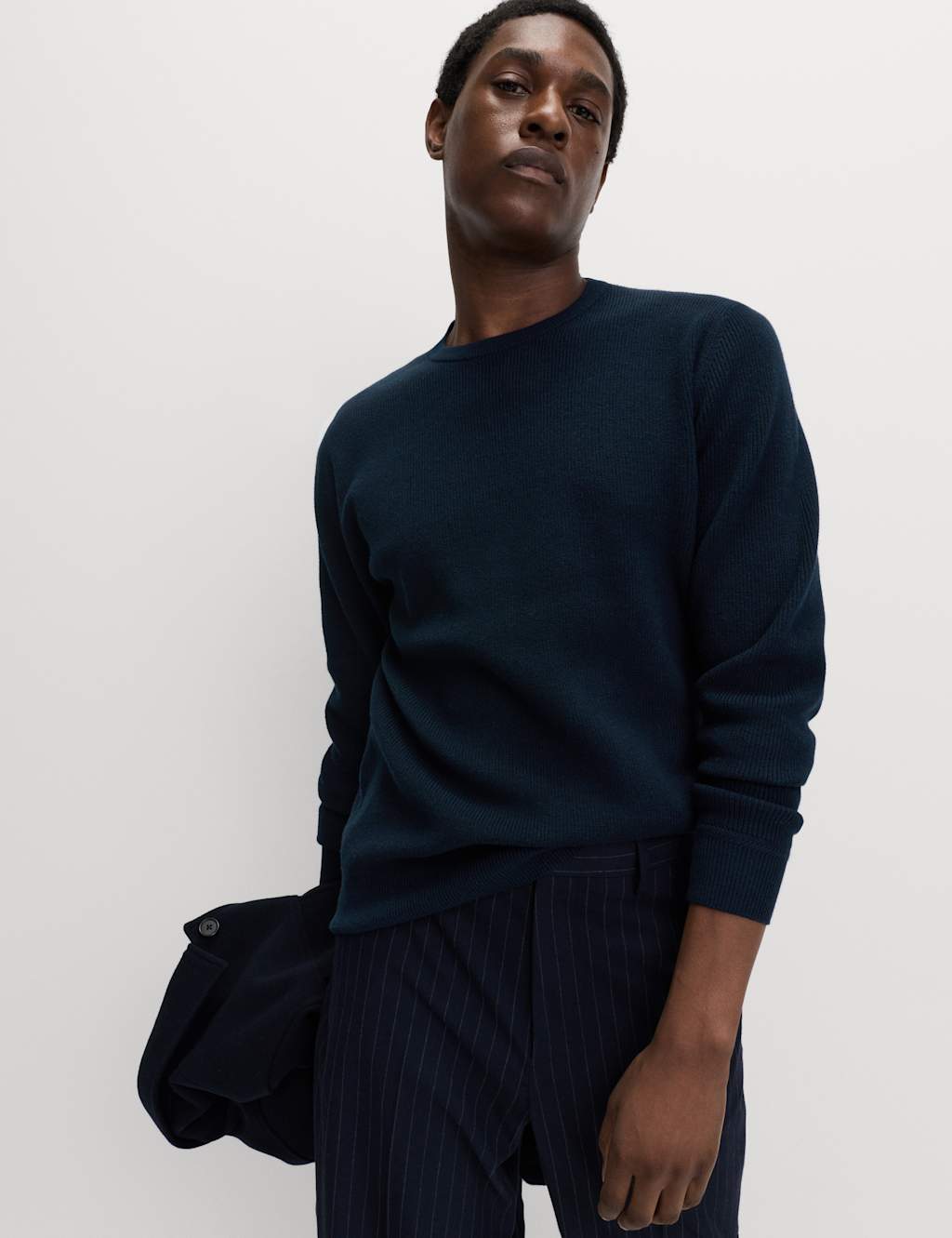 M&S Cotton Blend Fine Ribbed Crew Neck Jumper Dark Navy