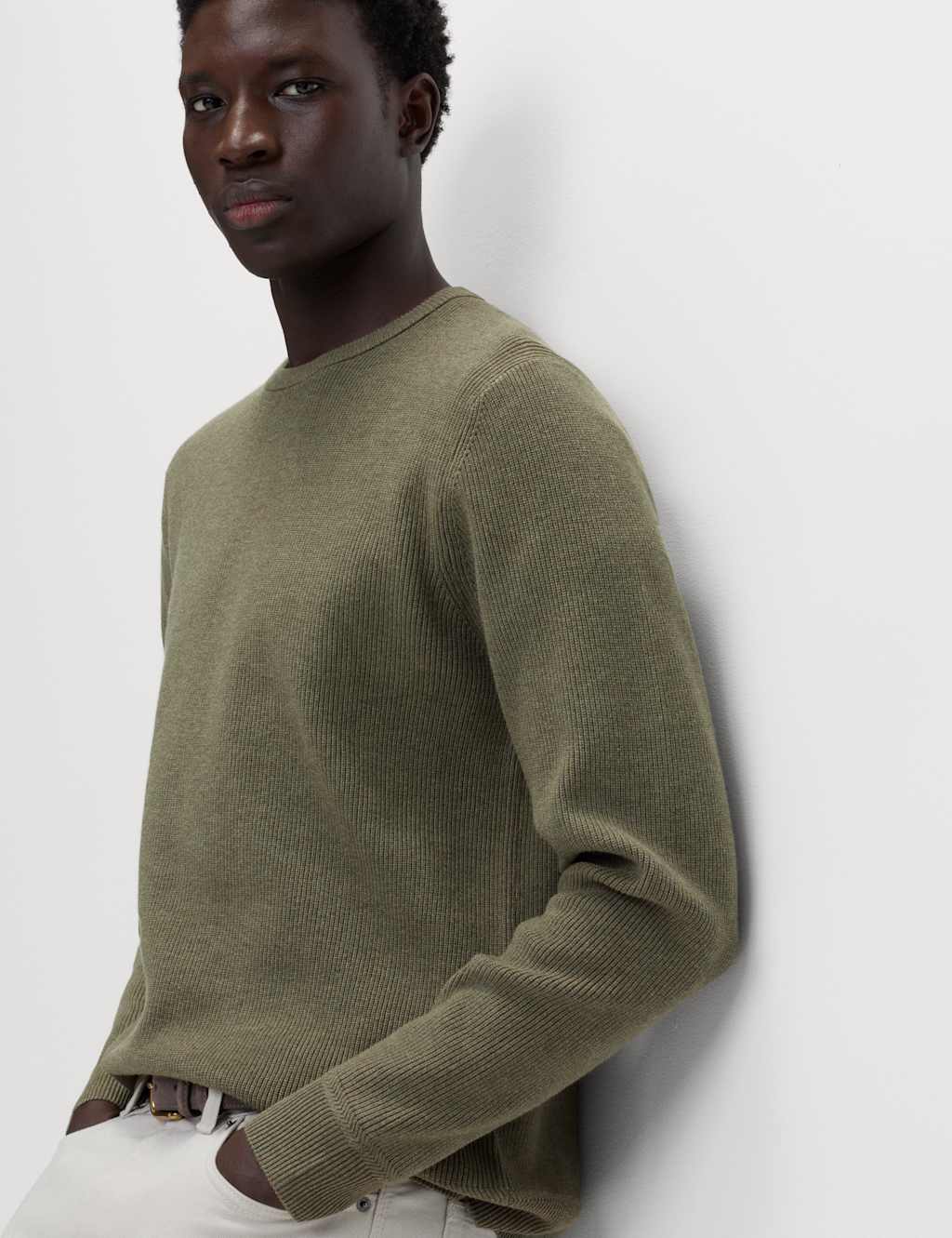 M&S Cotton Blend Fine Ribbed Crew Neck Jumper Thyme