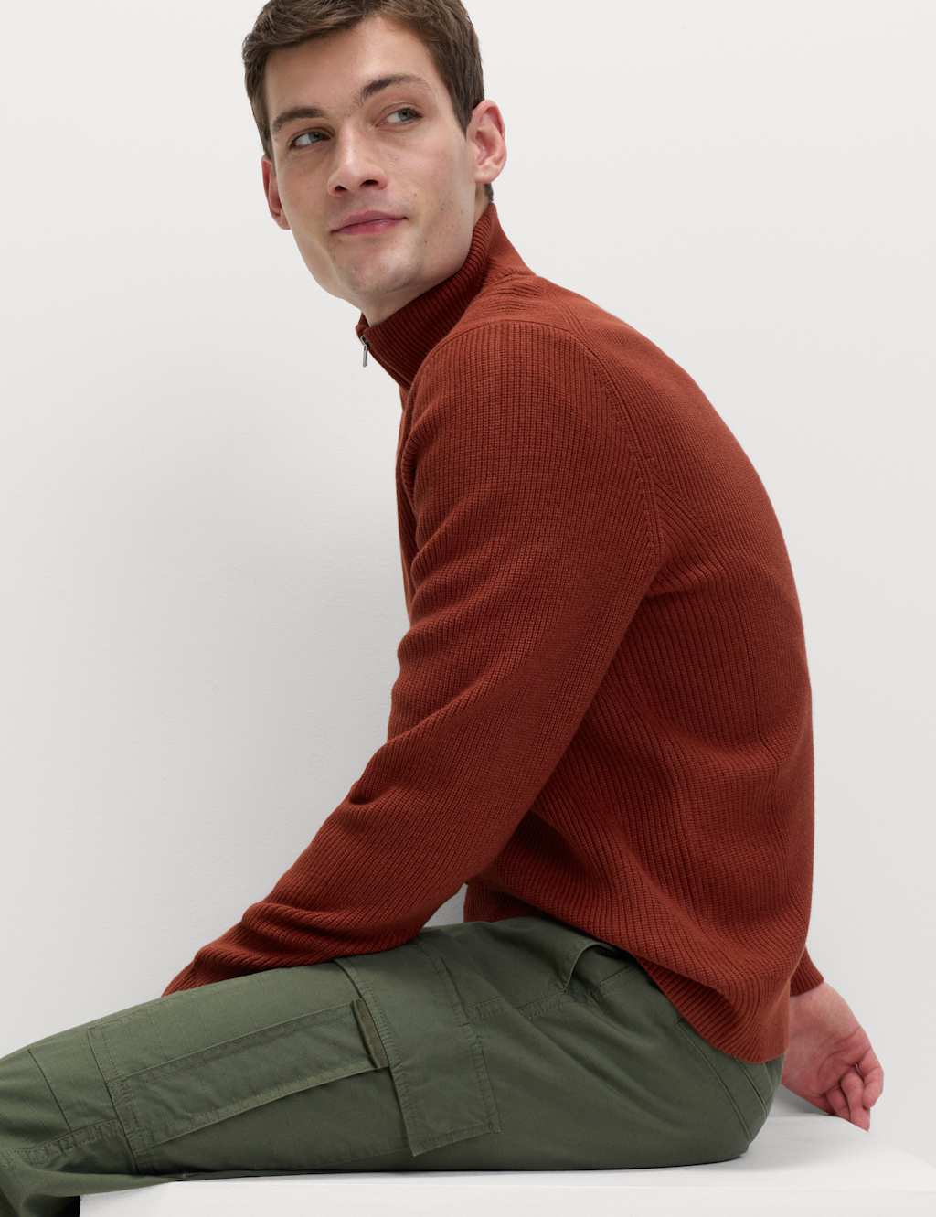 M&S Men's Cotton Blend Ribbed Half Zip Jumper - M - Paprika