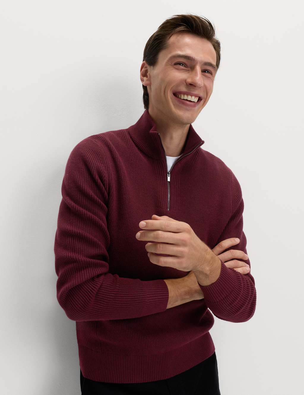 M&S Cotton Blend Ribbed Half Zip Jumper Dark Burgundy