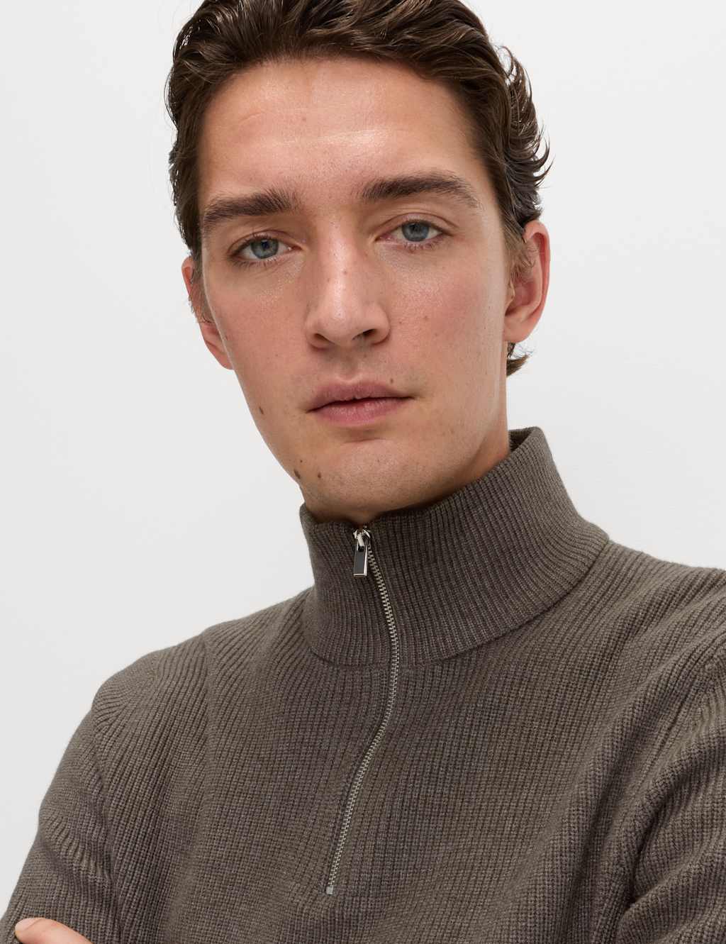 M&S Cotton Blend Ribbed Half Zip Jumper Medium Brown