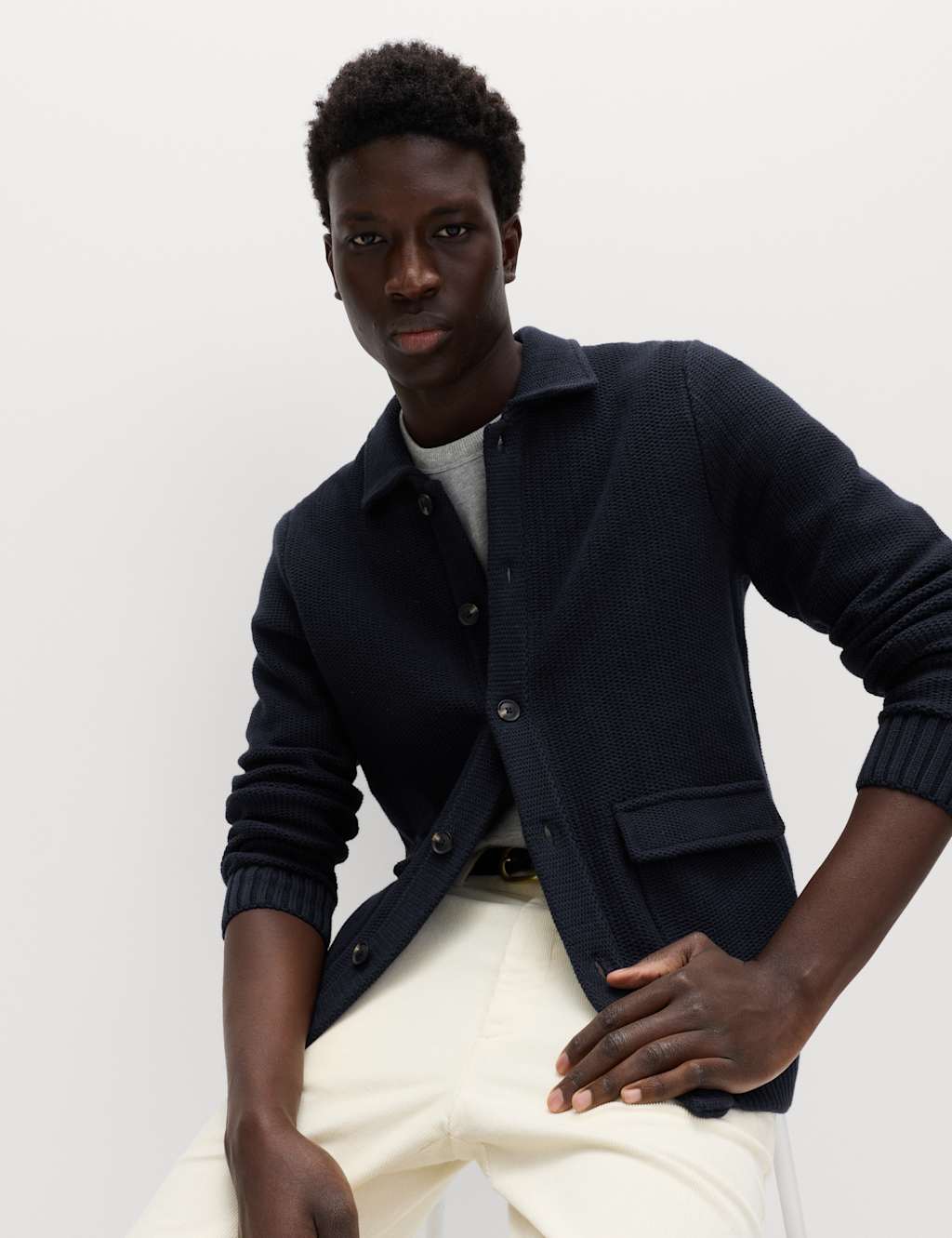 M&S Men's Pure Cotton Collared Knitted Jacket - S - Navy