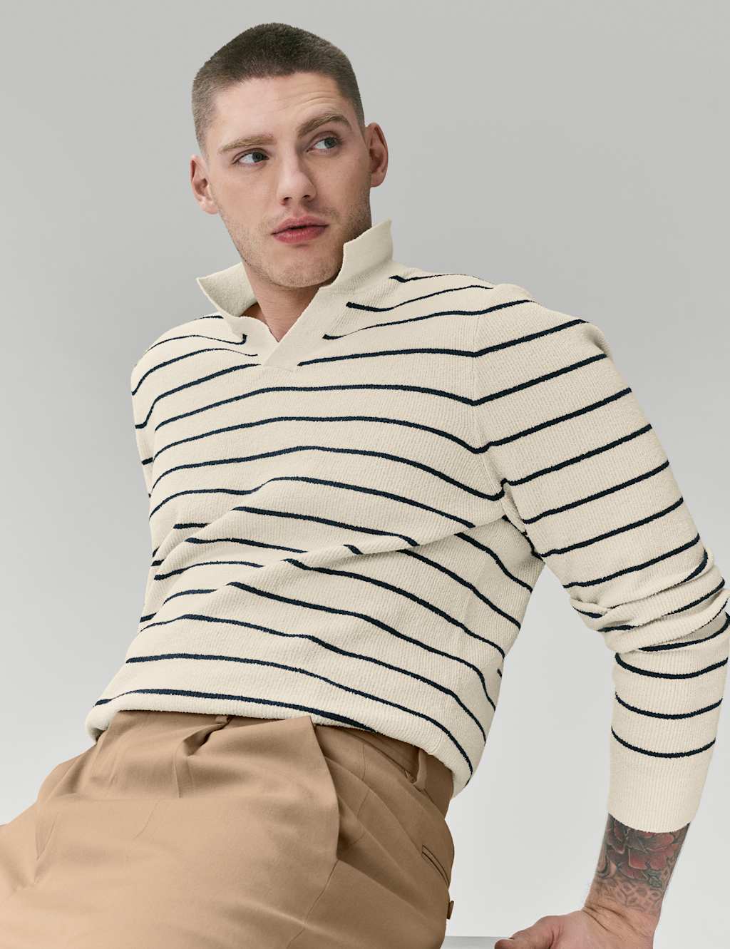 M&S Men's Cotton Rich Bouclé Striped Open Neck Jumper - XL - Ecru Mix