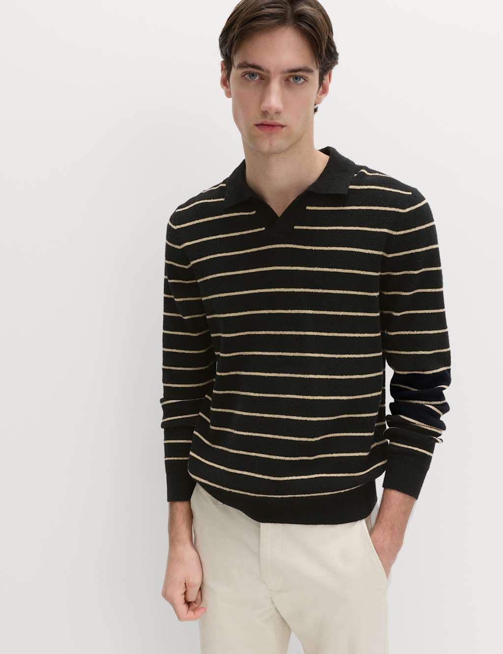 M&S Men's Cotton Rich Bouclé Striped Open Neck Jumper - XL - Black Mix