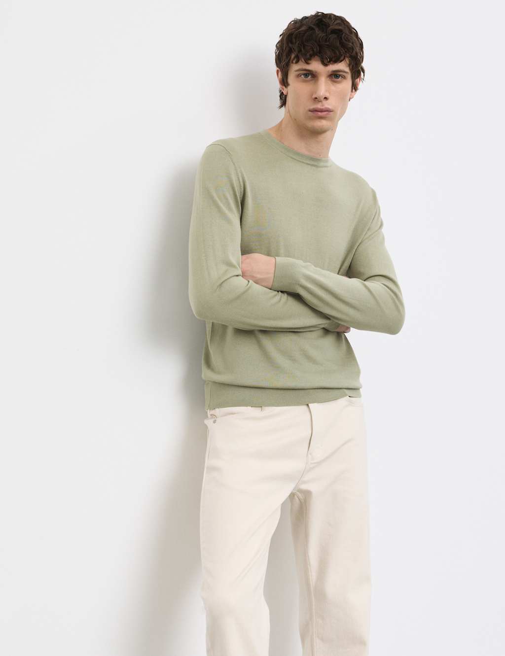 Autograph Men's Pure Extra Fine Merino Wool Crew Neck Jumper - XL - Light Olive