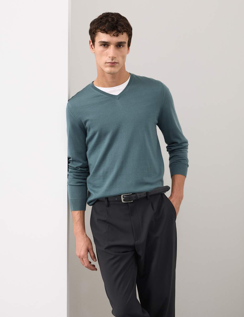 Autograph Pure Extra Fine Merino Wool V-Neck Jumper Teal Green