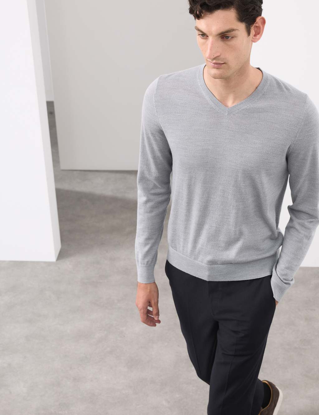 Autograph Pure Extra Fine Merino Wool V-Neck Jumper Grey Marl