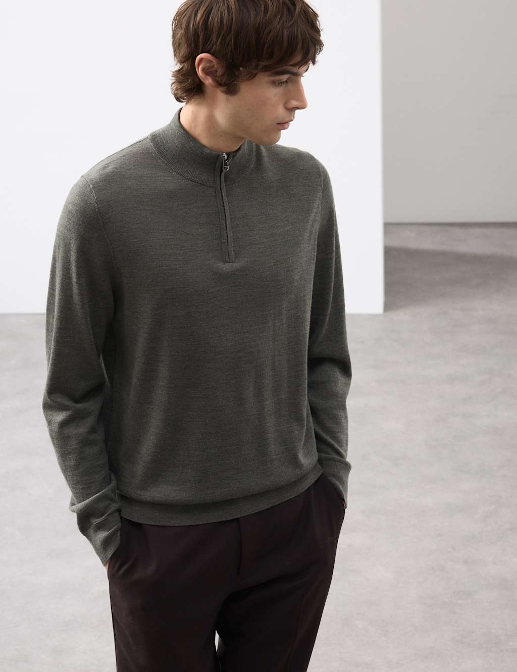 Autograph Men's Pure Extra Fine Merino Wool Half Zip Jumper - XS - Khaki