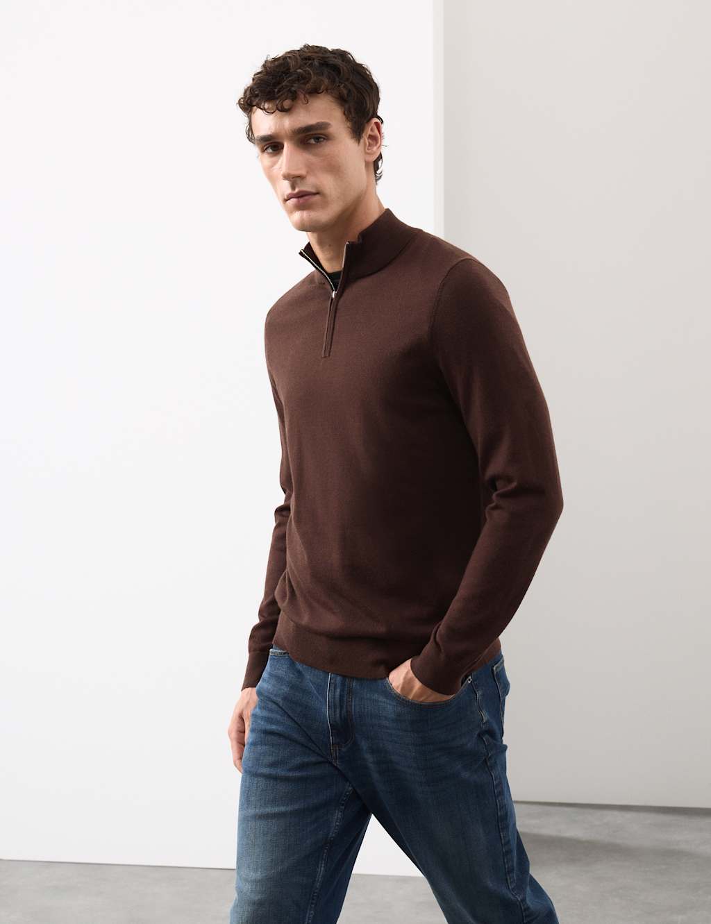 Autograph Pure Extra Fine Merino Wool Half Zip Jumper Dark Chocolate