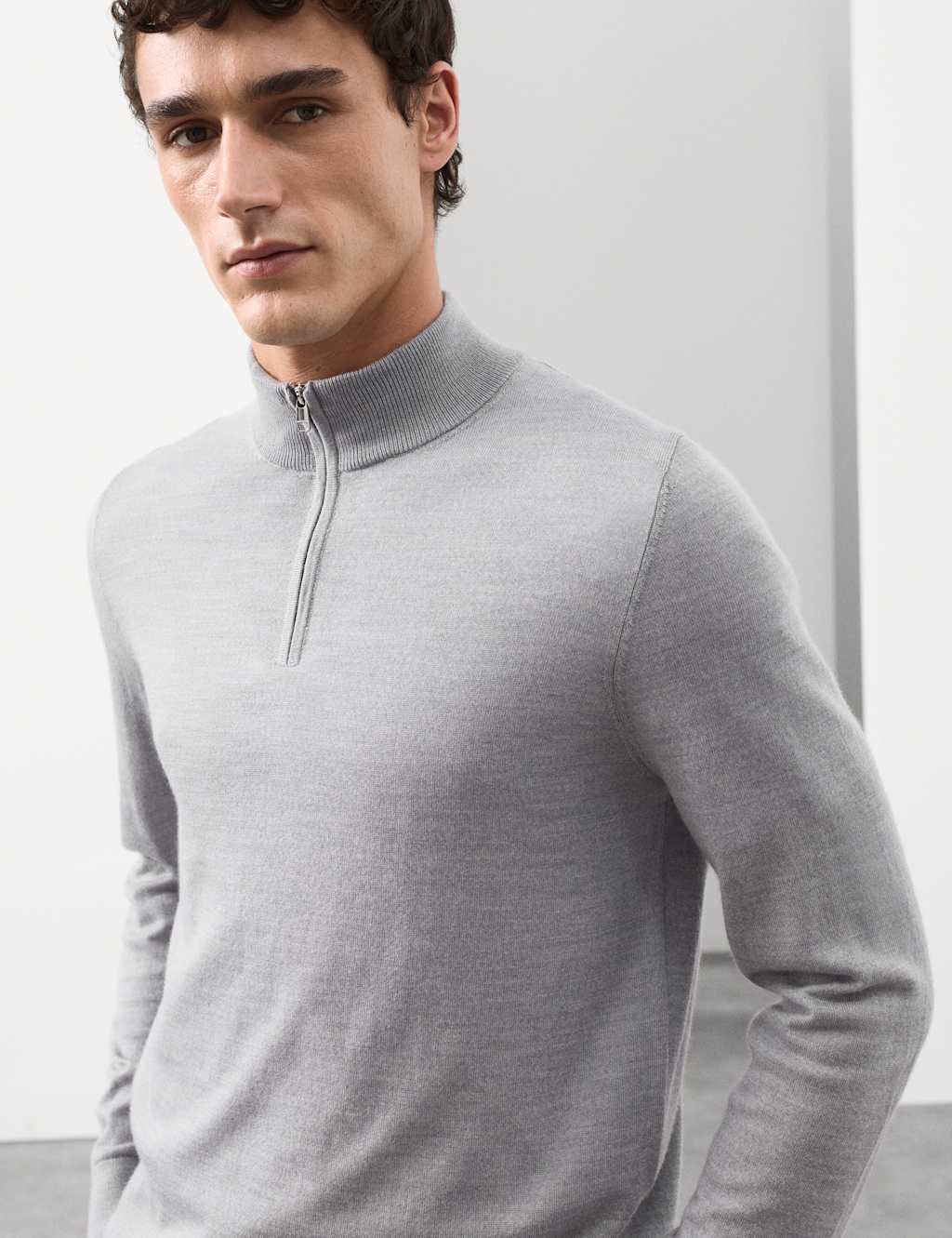 Autograph Pure Extra Fine Merino Wool Half Zip Jumper Grey Marl