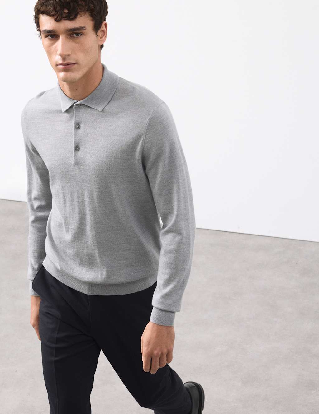 Autograph Pure Extra Fine Merino Wool Polo Shirt Grey Marl