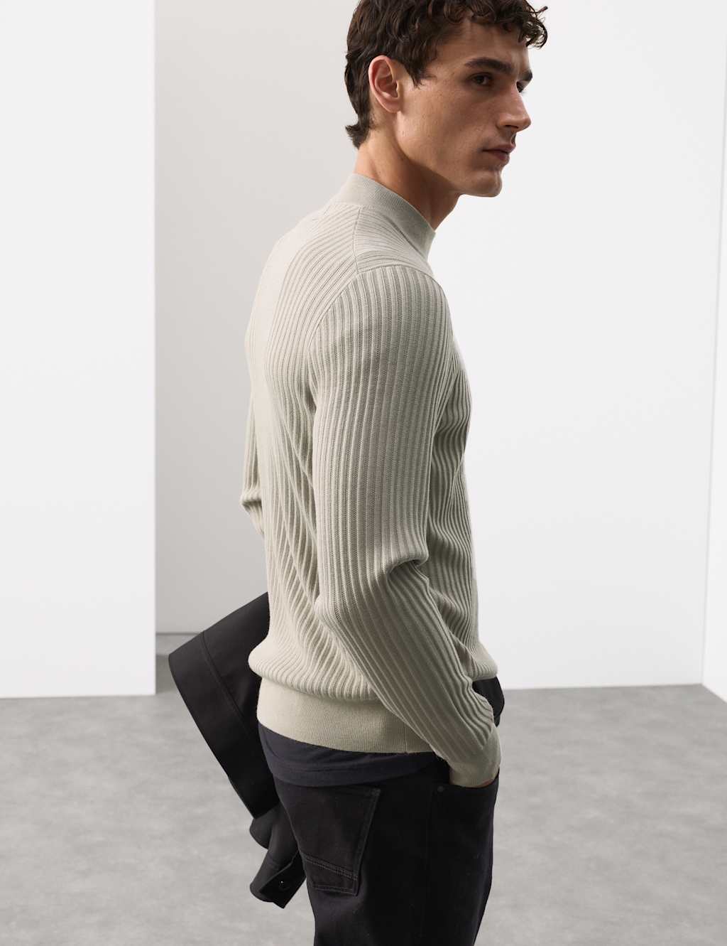 Autograph Merino Blend Rib Mock Neck Jumper Light Grey