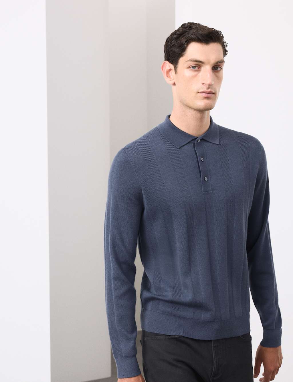 Autograph Extra Fine Merino Wool Blend Knitted Polo Dark Ink