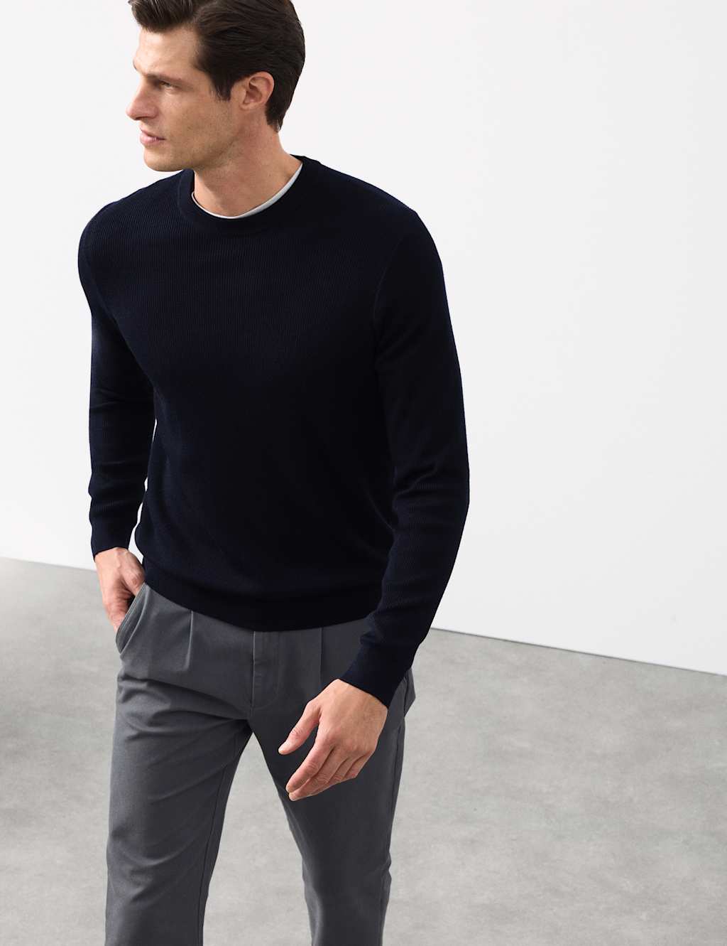 Autograph Merino Wool Blend Ribbed Performance Jumper Dark Navy