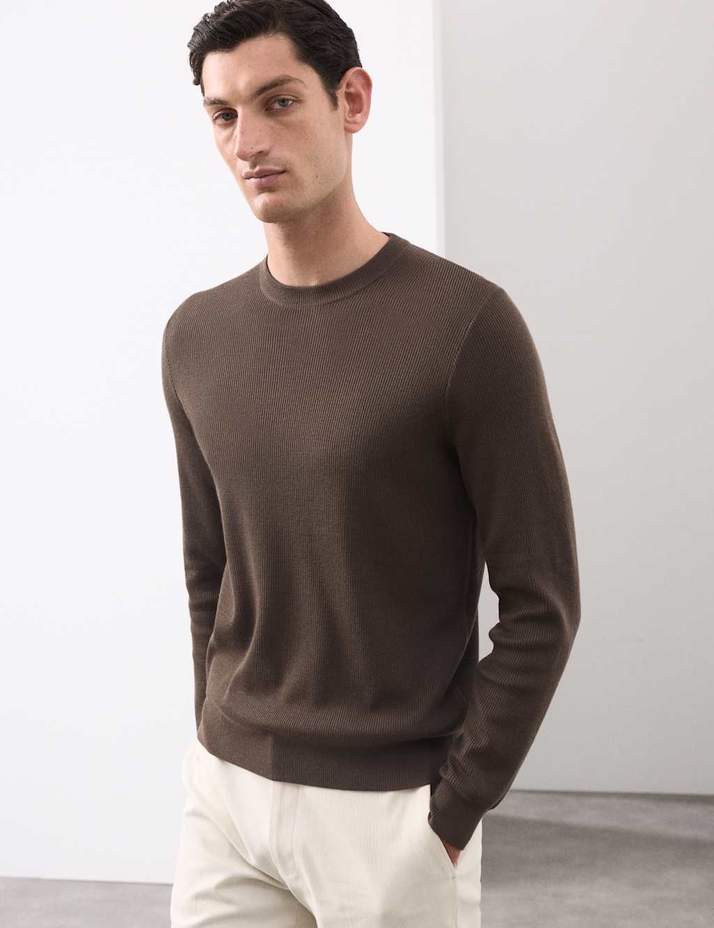 Autograph Merino Wool Blend Ribbed Performance Jumper Dark Mole