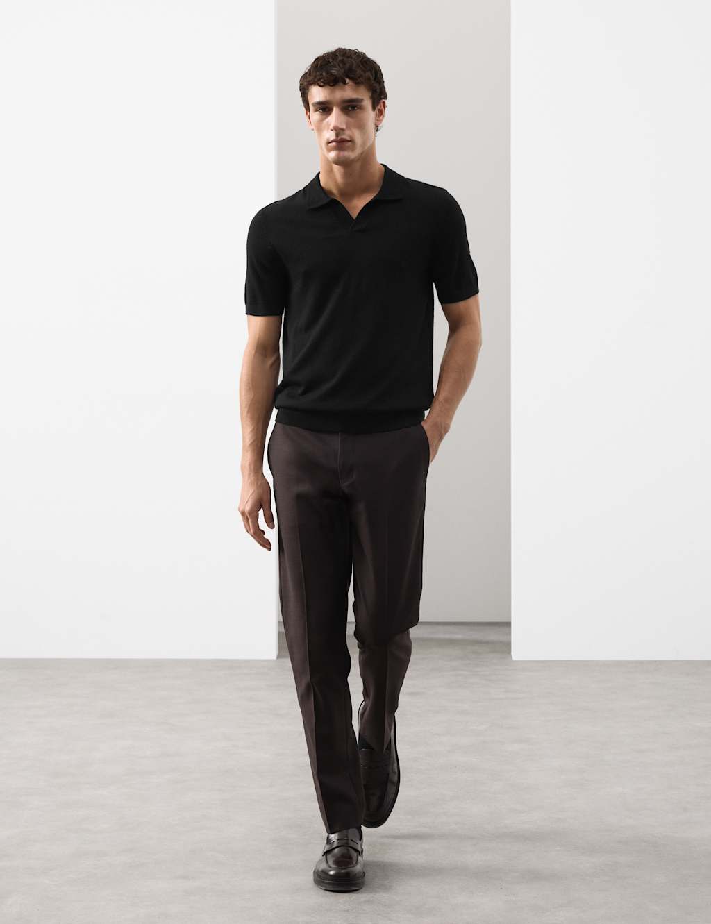 Autograph Pure Extra Fine Merino Wool Knitted Polo Shirt Black