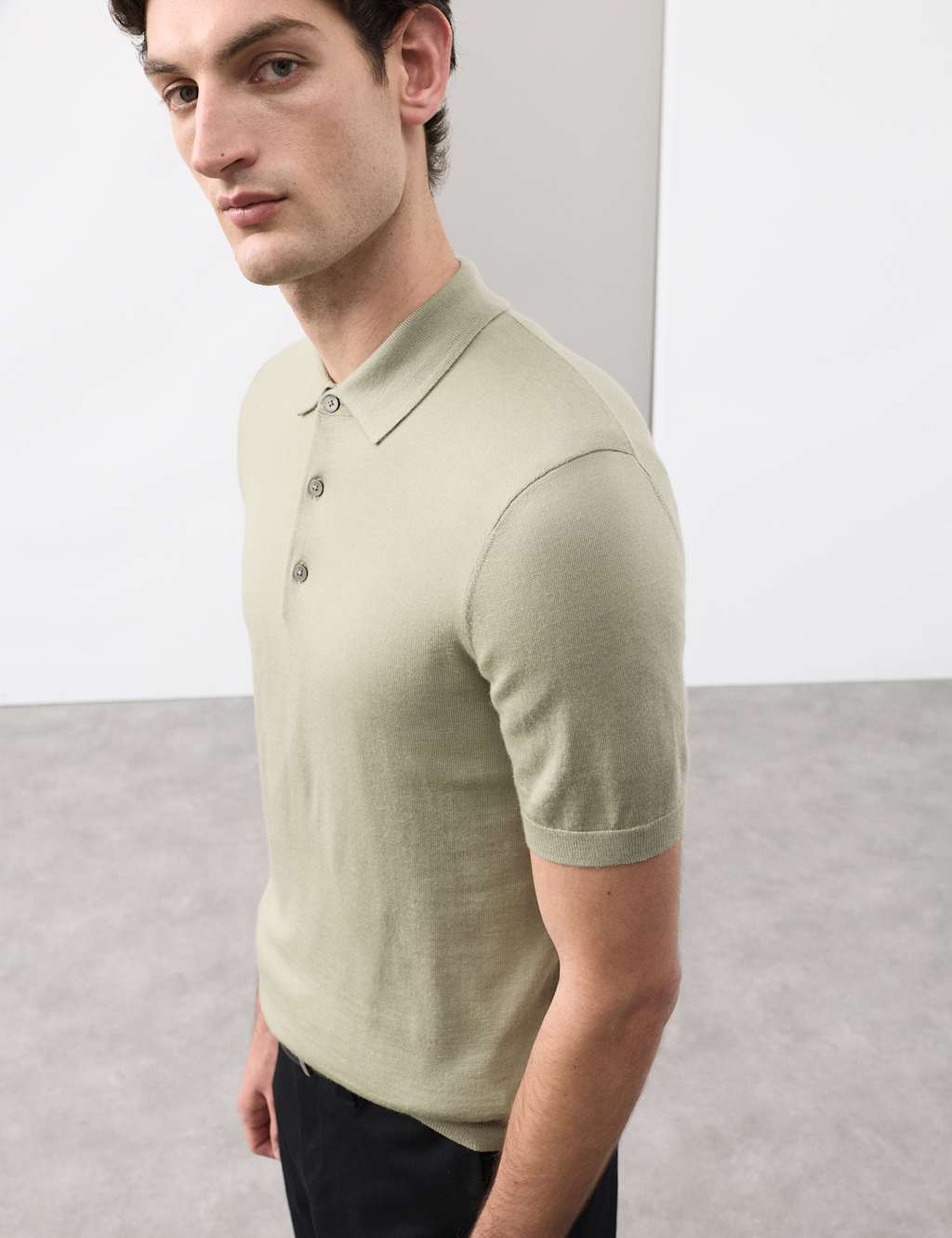 Autograph Men's Pure Extra Fine Merino Wool Knitted Polo Shirt - M - Light Olive
