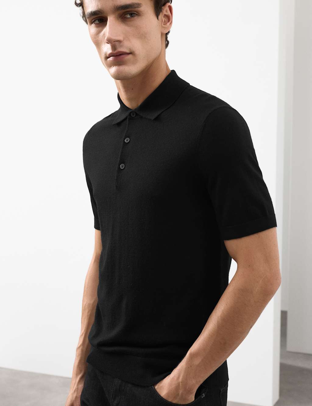 Autograph Pure Extra Fine Merino Wool Knitted Polo Shirt Black