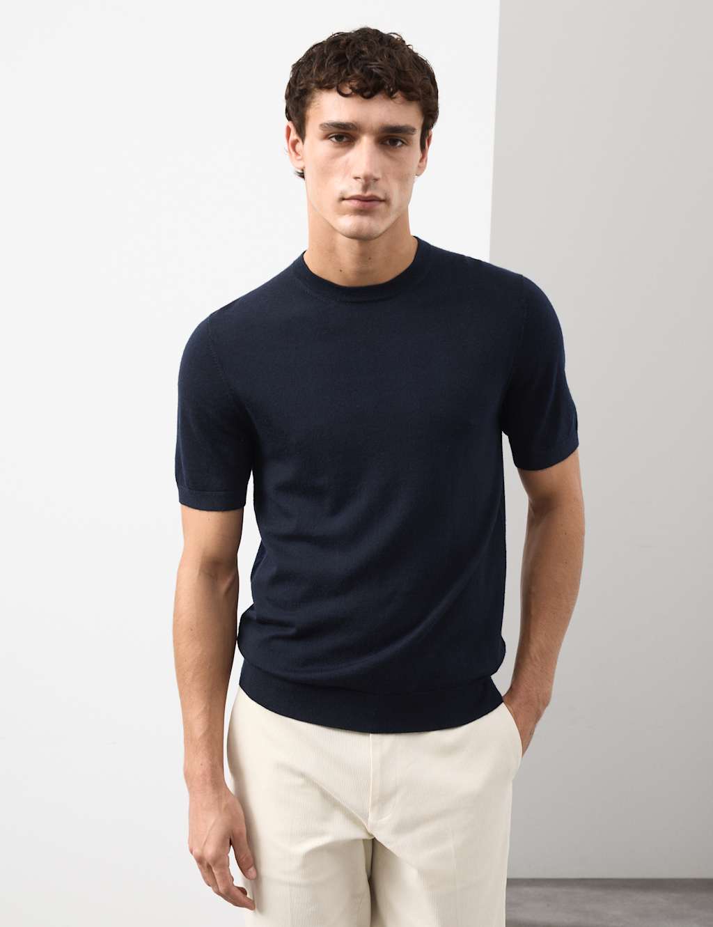 Autograph Pure Extra Fine Merino Wool Crew Neck T-Shirt Dark Navy