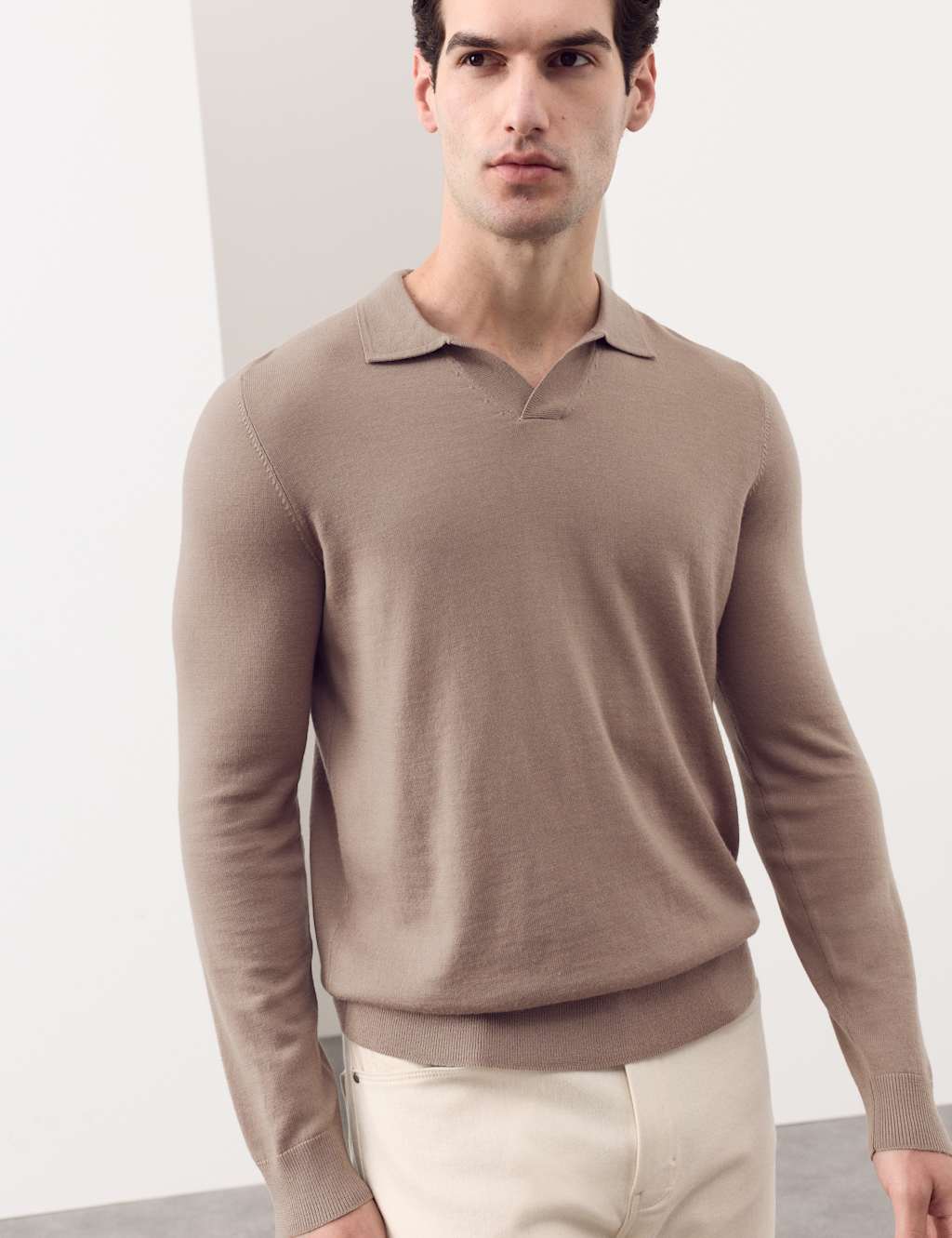 Autograph Men's Pure Extra Fine Merino Wool Knitted Polo Shirt - XL - Cappuccino