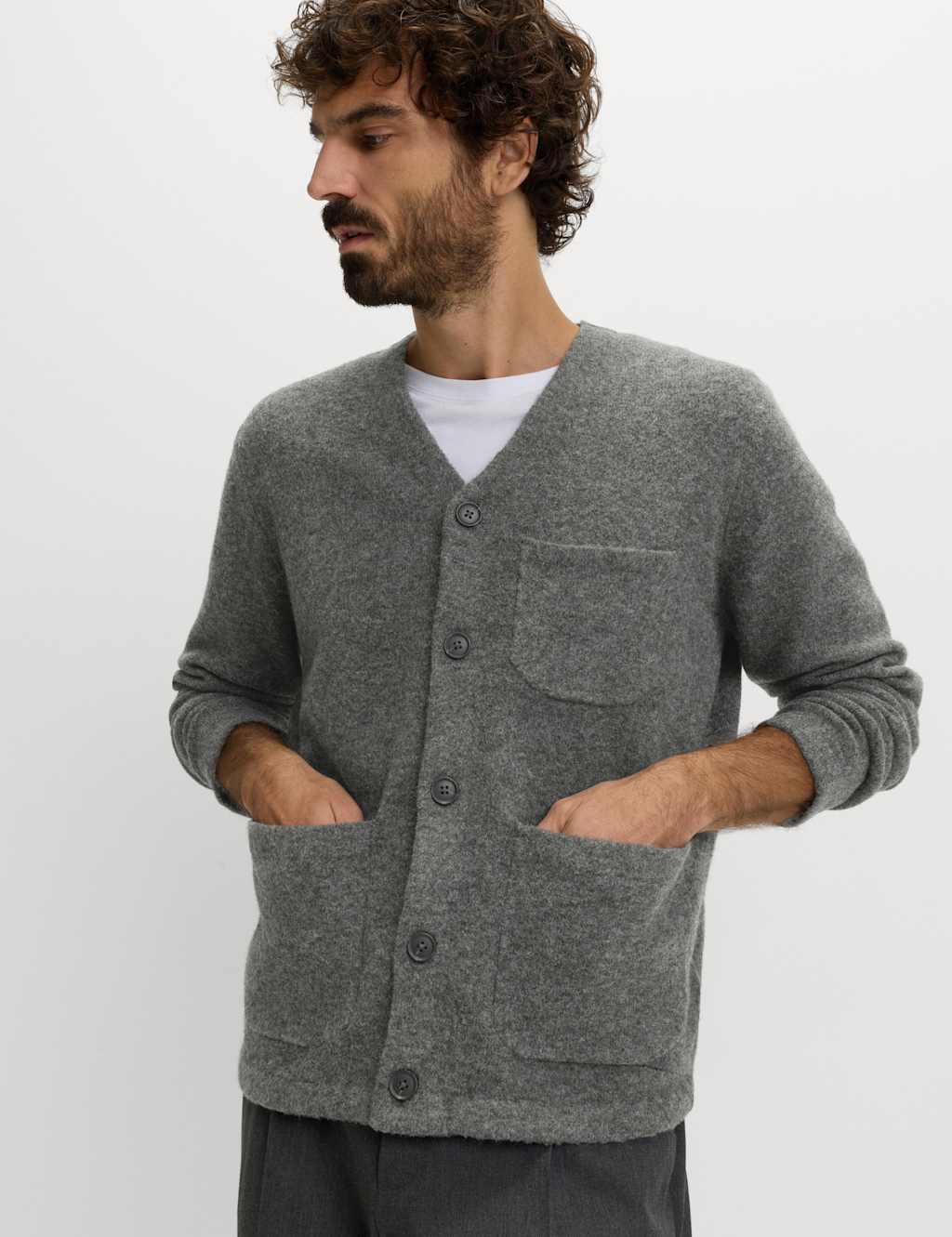 M&S Utility Pocket Knitted Cardigan with Wool Mid Grey