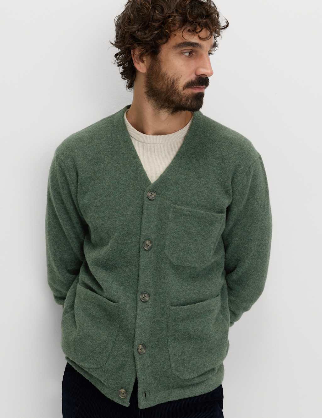 M&S Utility Pocket Knitted Cardigan with Wool Dark Khaki