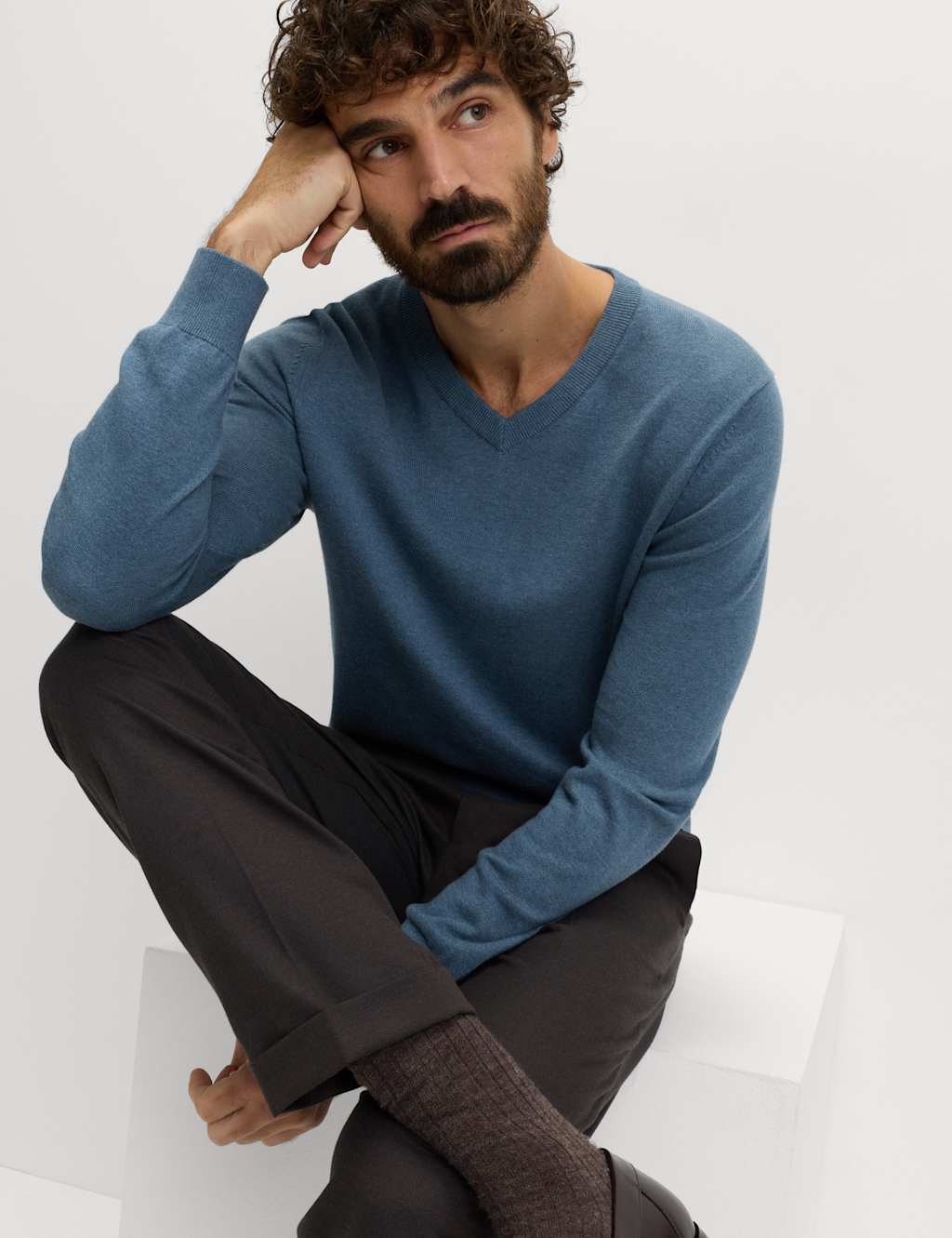M&S Pure Cotton V-Neck Jumper Air Force Blue