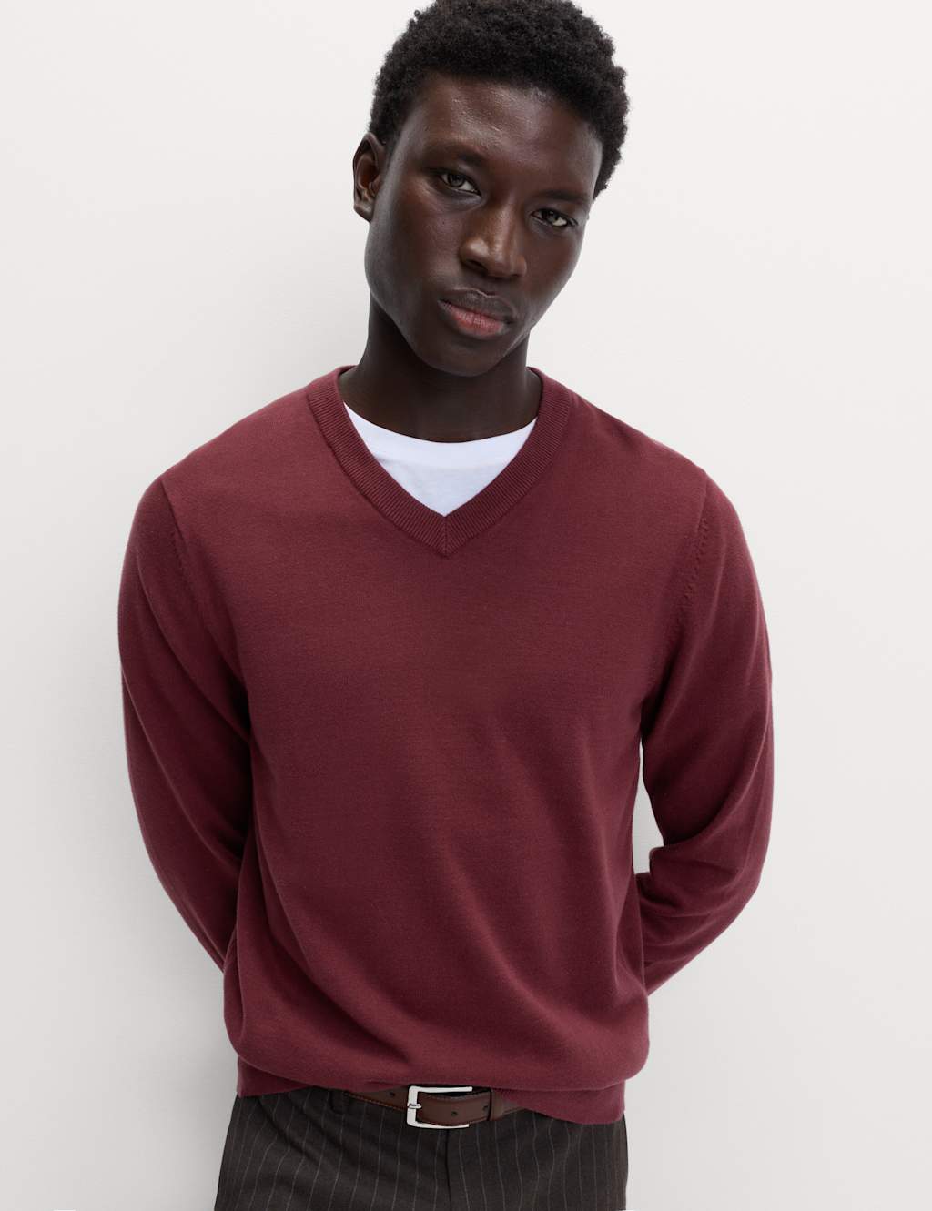 M&S Pure Cotton V-Neck Jumper Dark Burgundy
