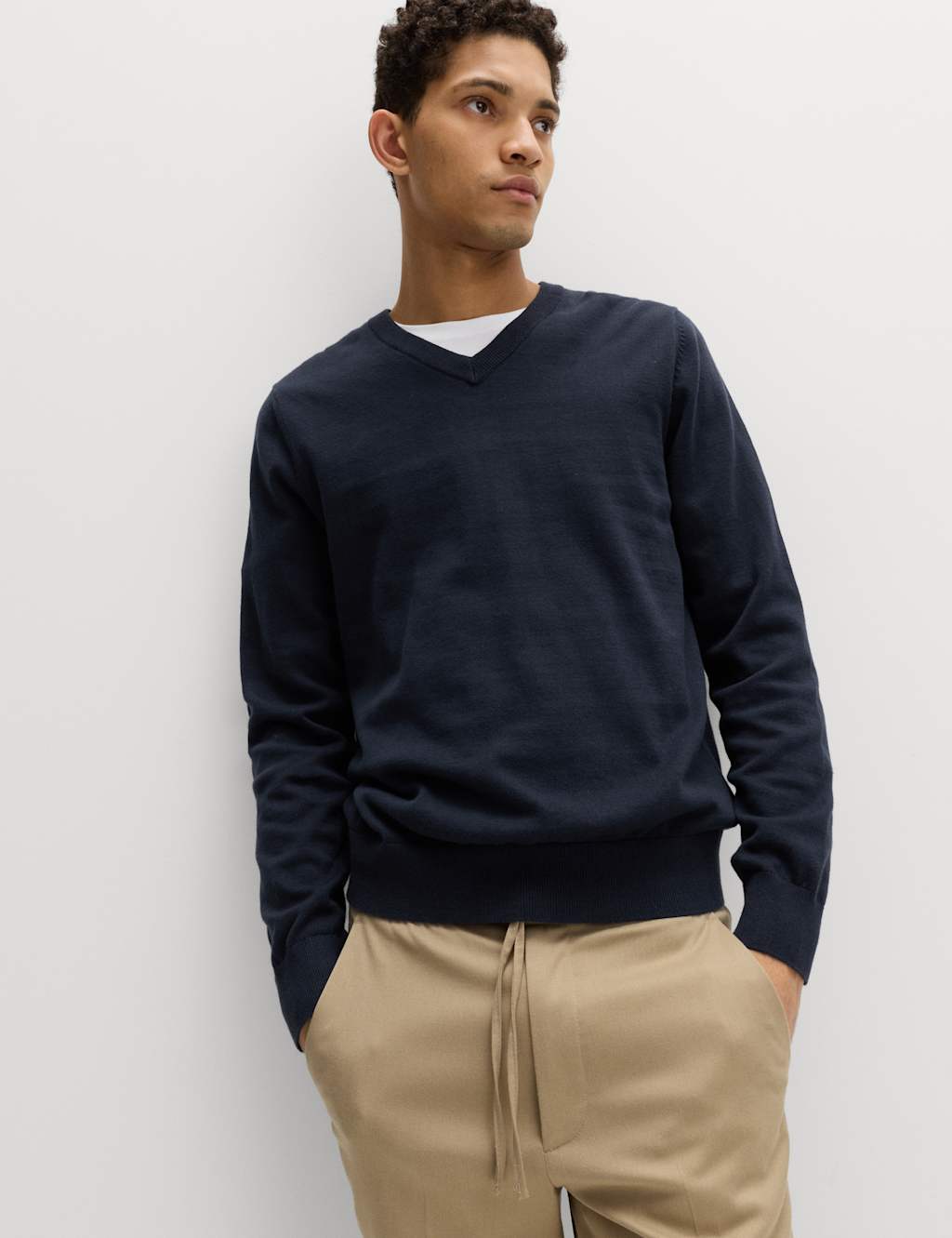M&S Men's Pure Cotton V-Neck Jumper - XS - Dark Navy
